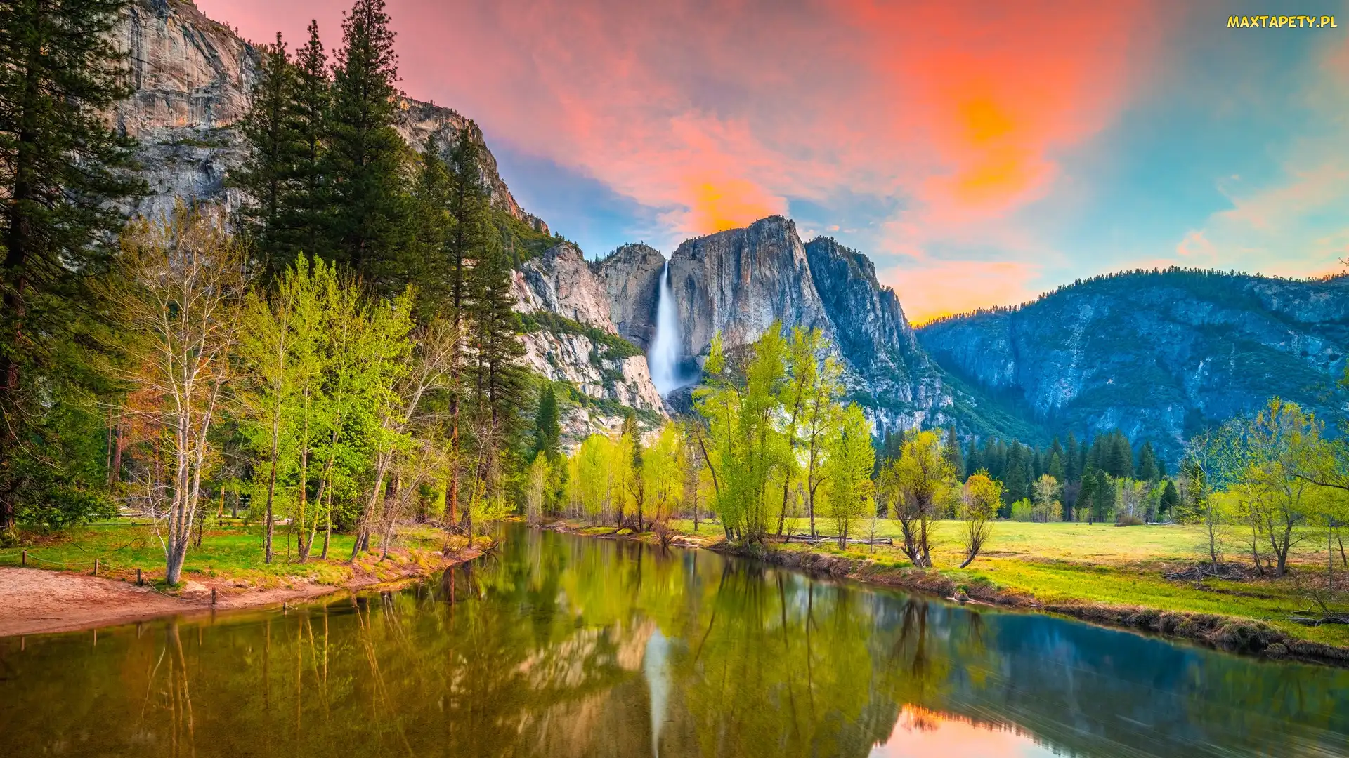 Park Narodowy Yosemite, Kalifornia, Wodospad, Stany Zjednoczone, Drzewa, Sierra Nevada, Rzeka, Merced River, Góry
