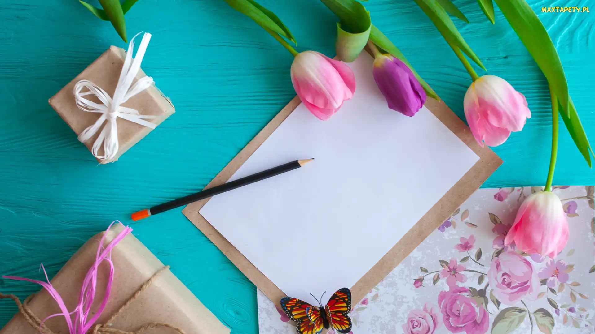Notes, Pudełka, Papier, Prezenty, Opakowane, Kolorowy, Ołówek Kwiaty, Tulipany, Motylek