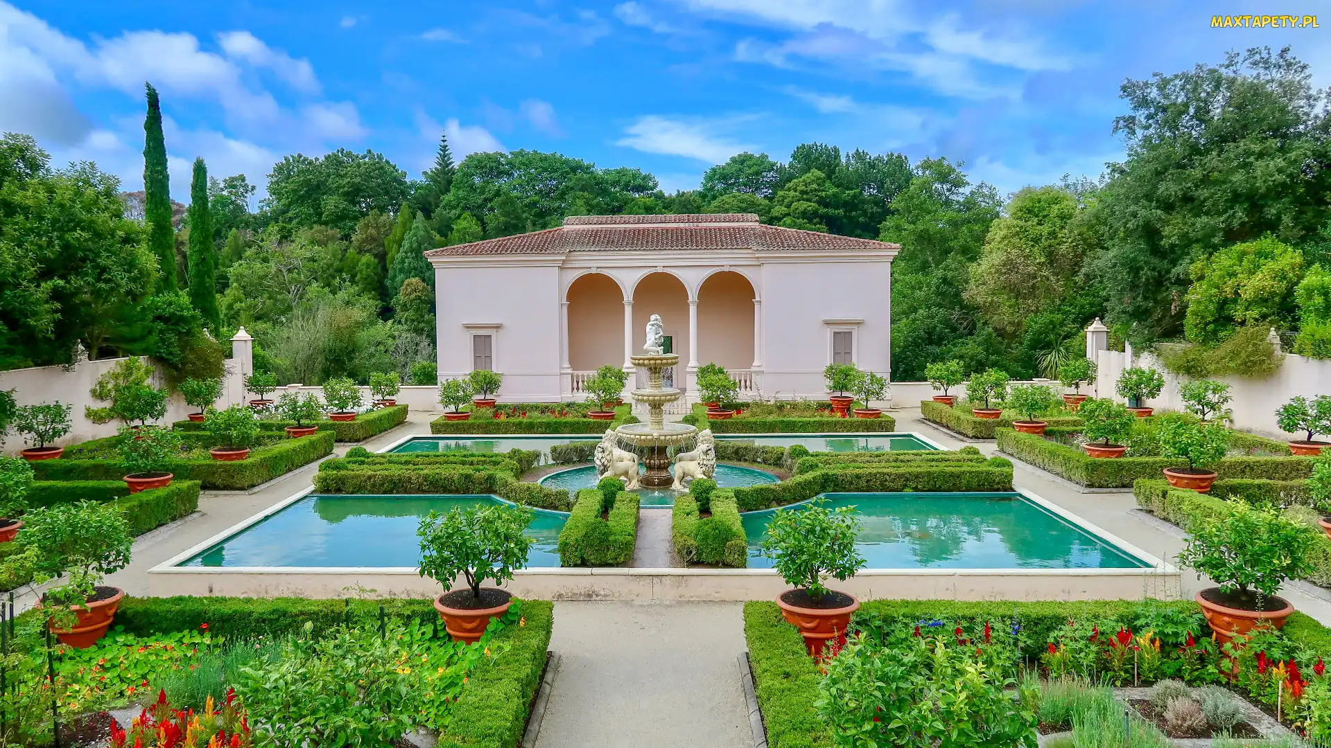Fontanna, Budynek, Hamilton, Kwiaty, Hamilton Gardens, Nowa Zelandia, Ogród
