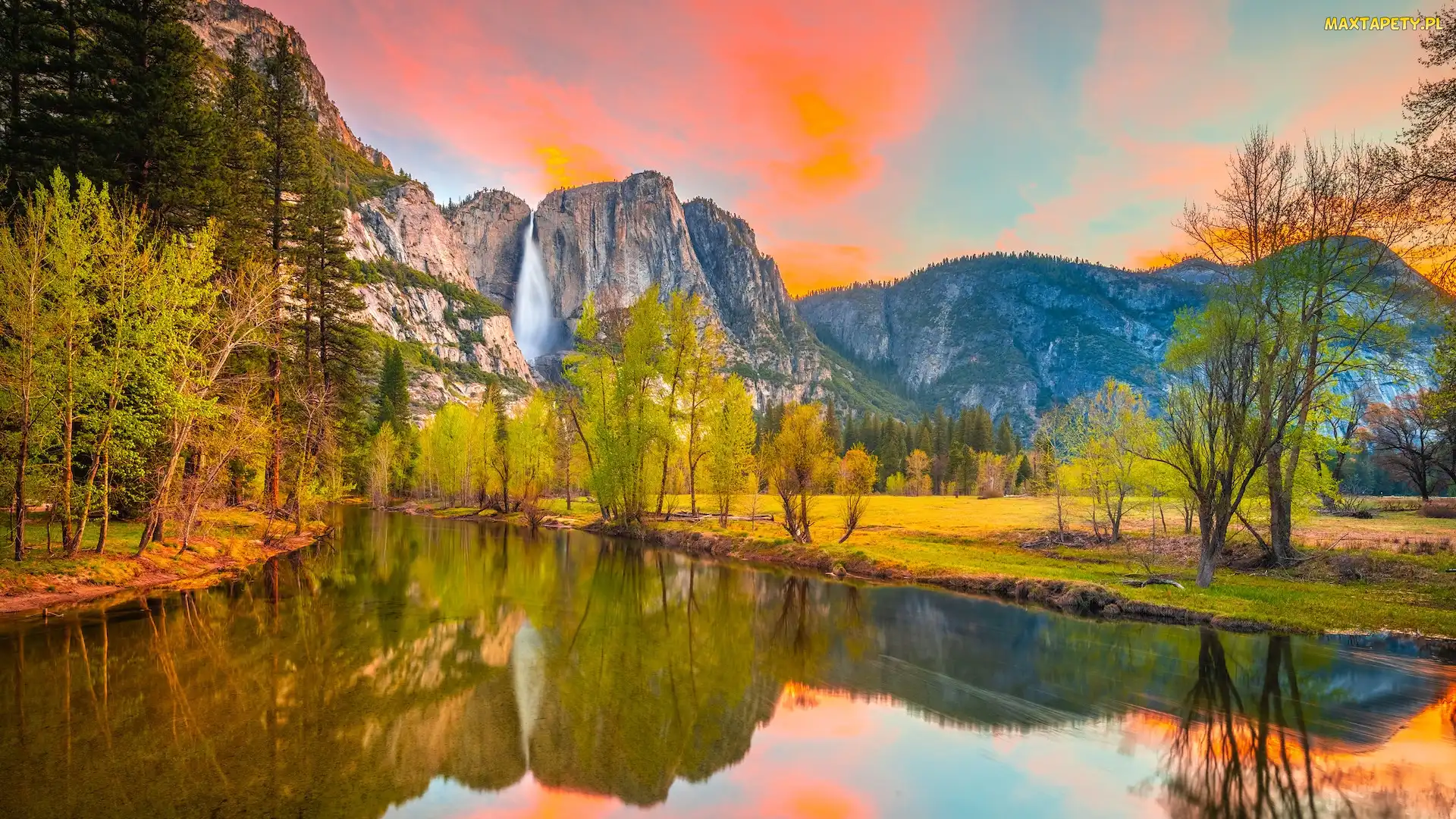 Park Narodowy Yosemite, Wodospad, Kalifornia, Stany Zjednoczone, Odbicie, Merced River, Rzeka, Drzewa, Góry Sierra Nevada