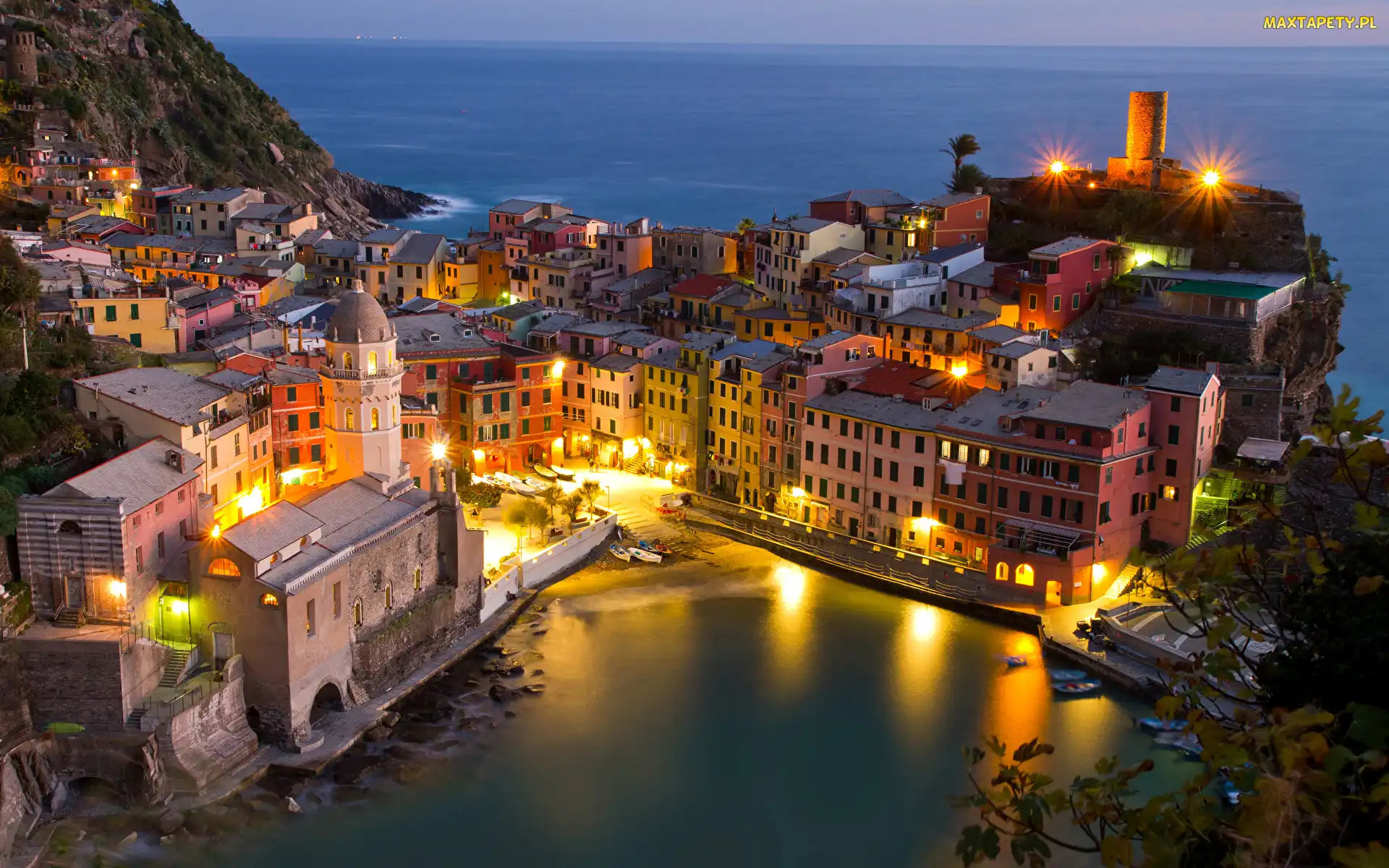 Vernazza, Noc, Oświetlenie, Domy, Włochy