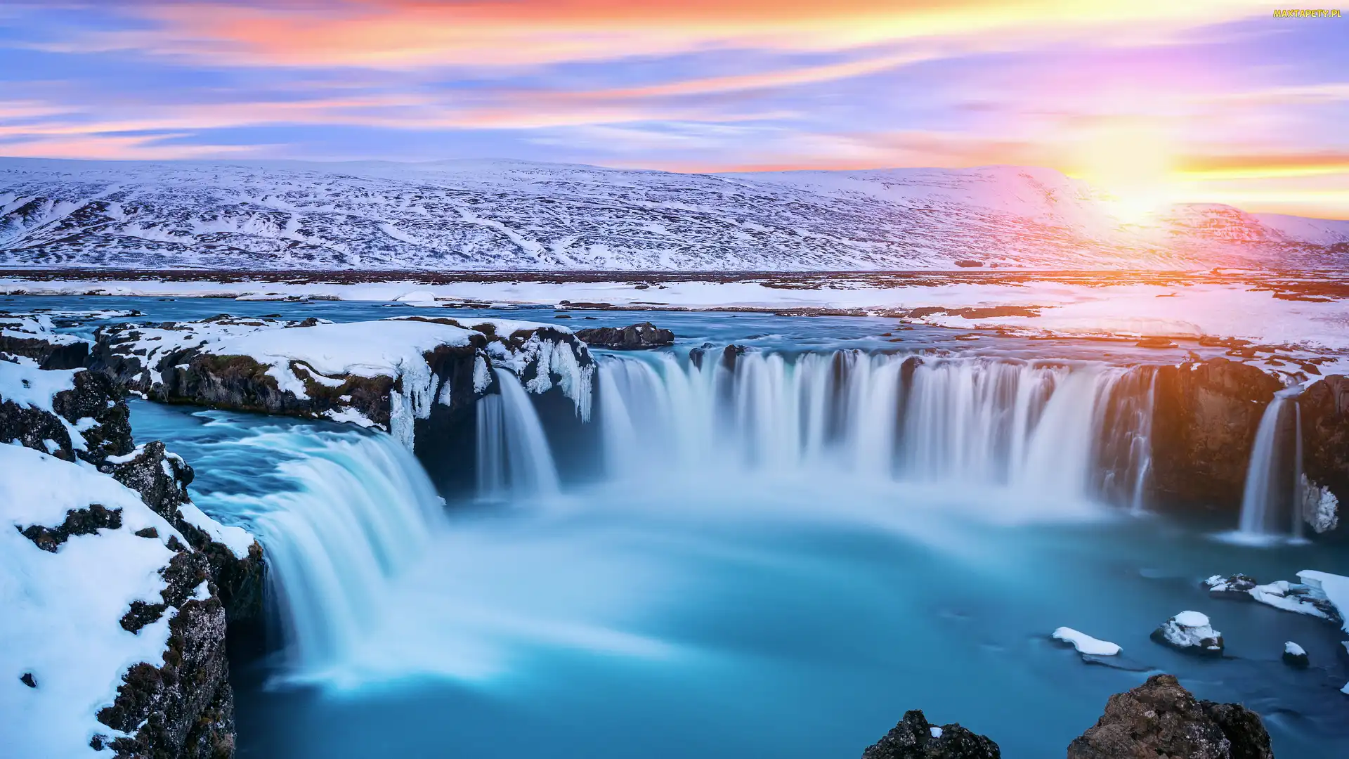 Islandia, Zima, Wodospad, Godafoss