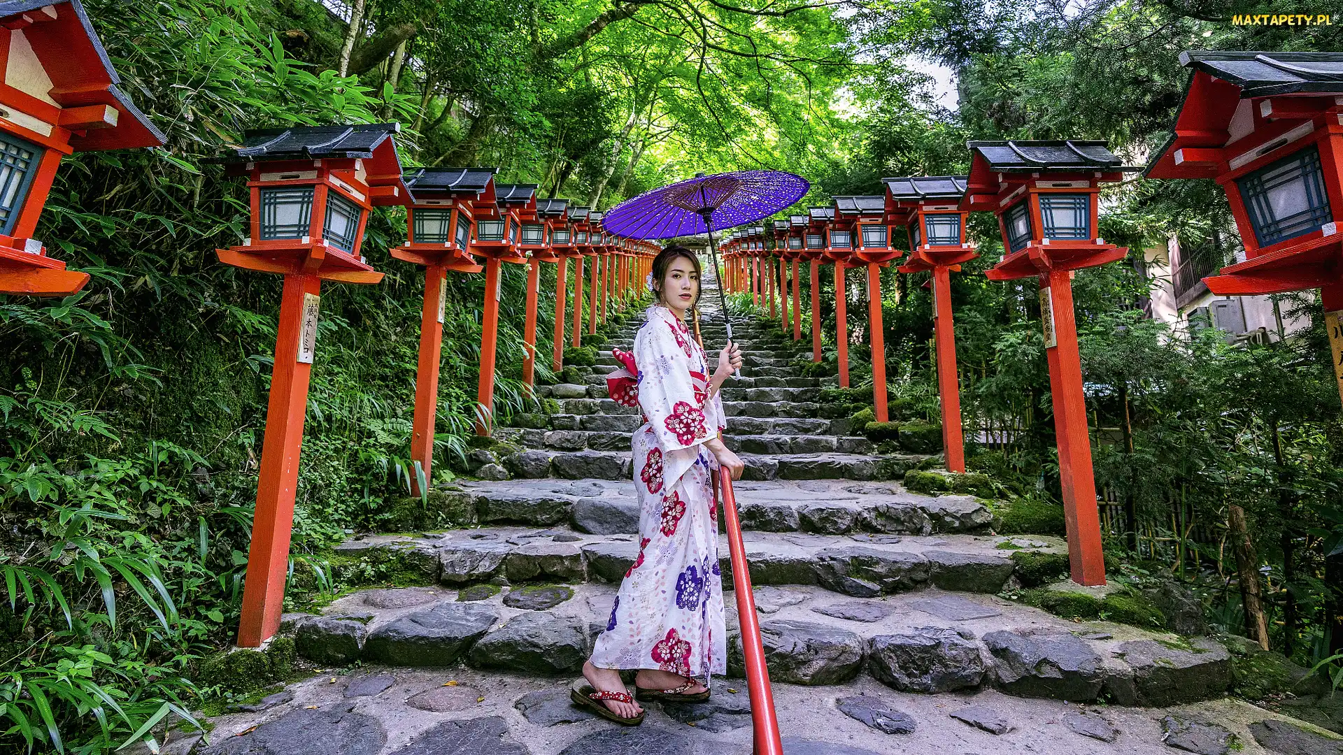 Azjatka, Kioto, Lampy, Japonia, Świątynia Kifune Shrine, Schody, Kobieta, Kimono, Parasol