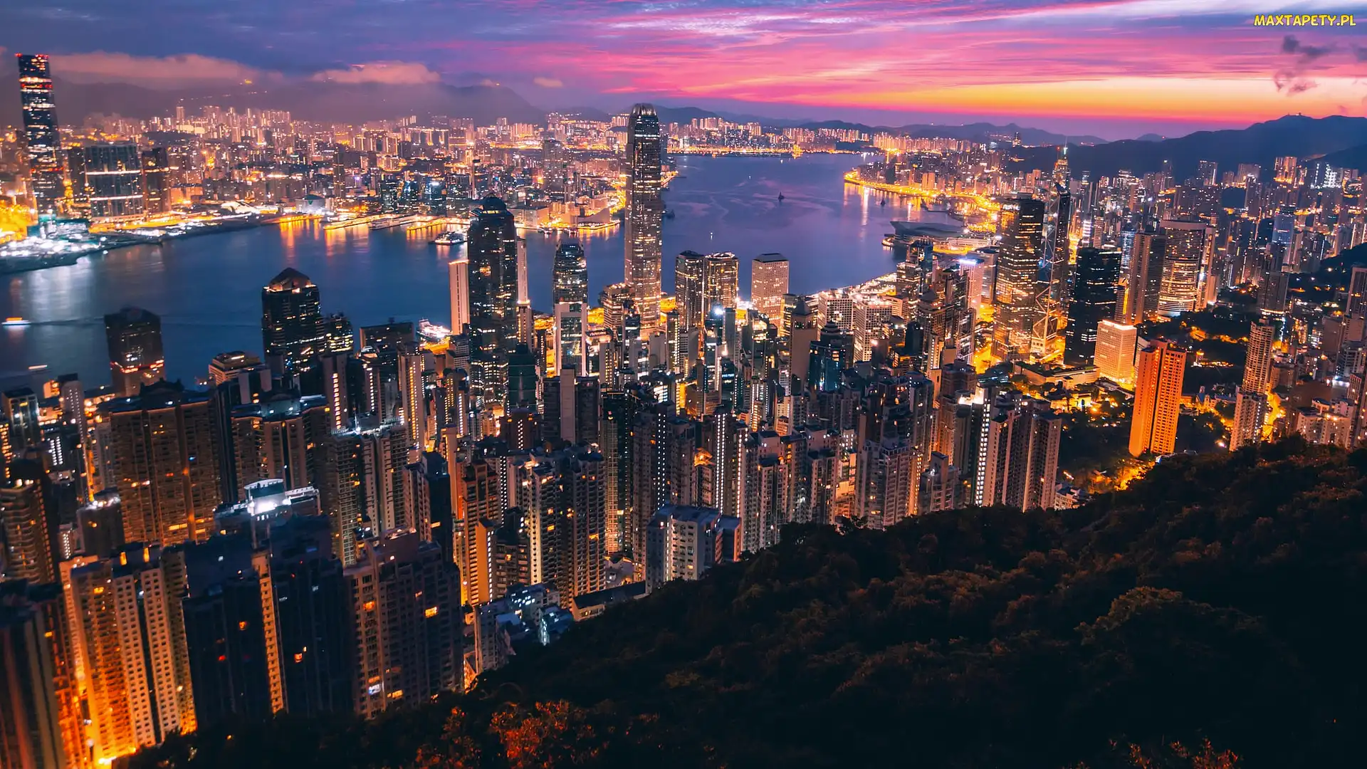 Wschód słońca, Hongkong, Chiny, Wieżowce, Zatoka Wiktorii, Port Wiktorii, Oświetlone