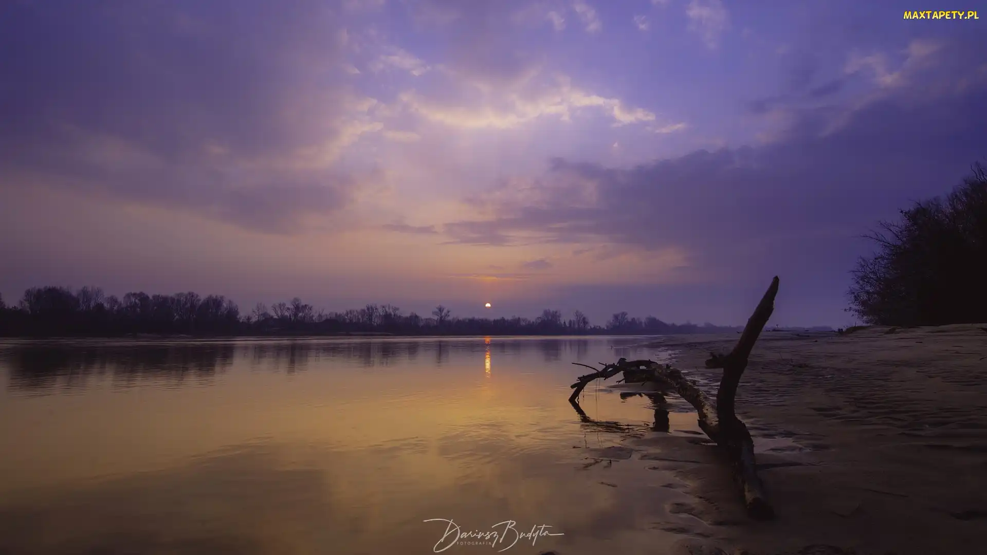 Konar, Jezioro, Zachód słońca, Drzewa
