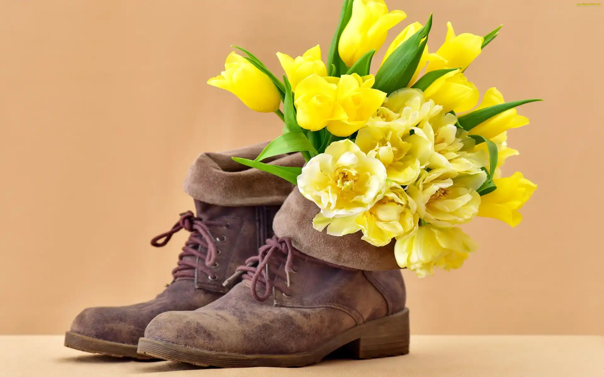 Żółte, Buty, Zamszowe, Tulipany, Kwiaty