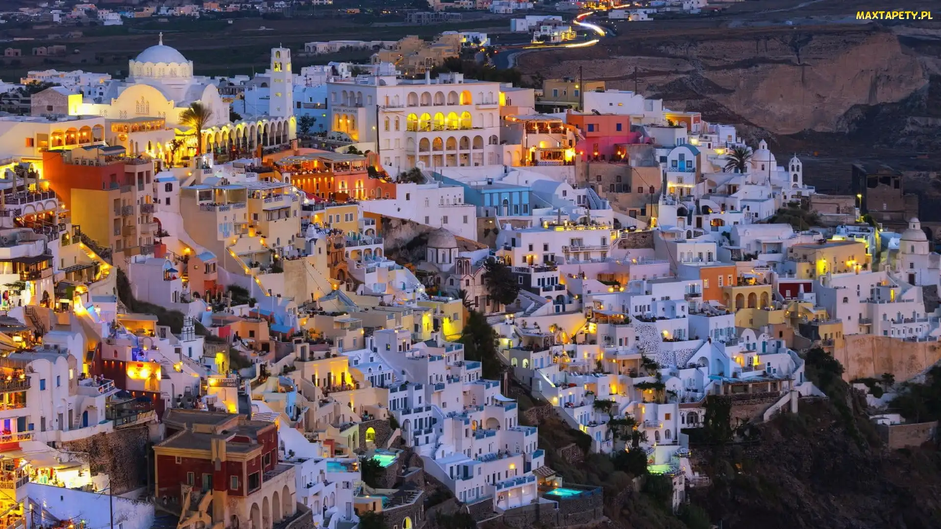 Grecja, Santorini, Oświetlone, Domy