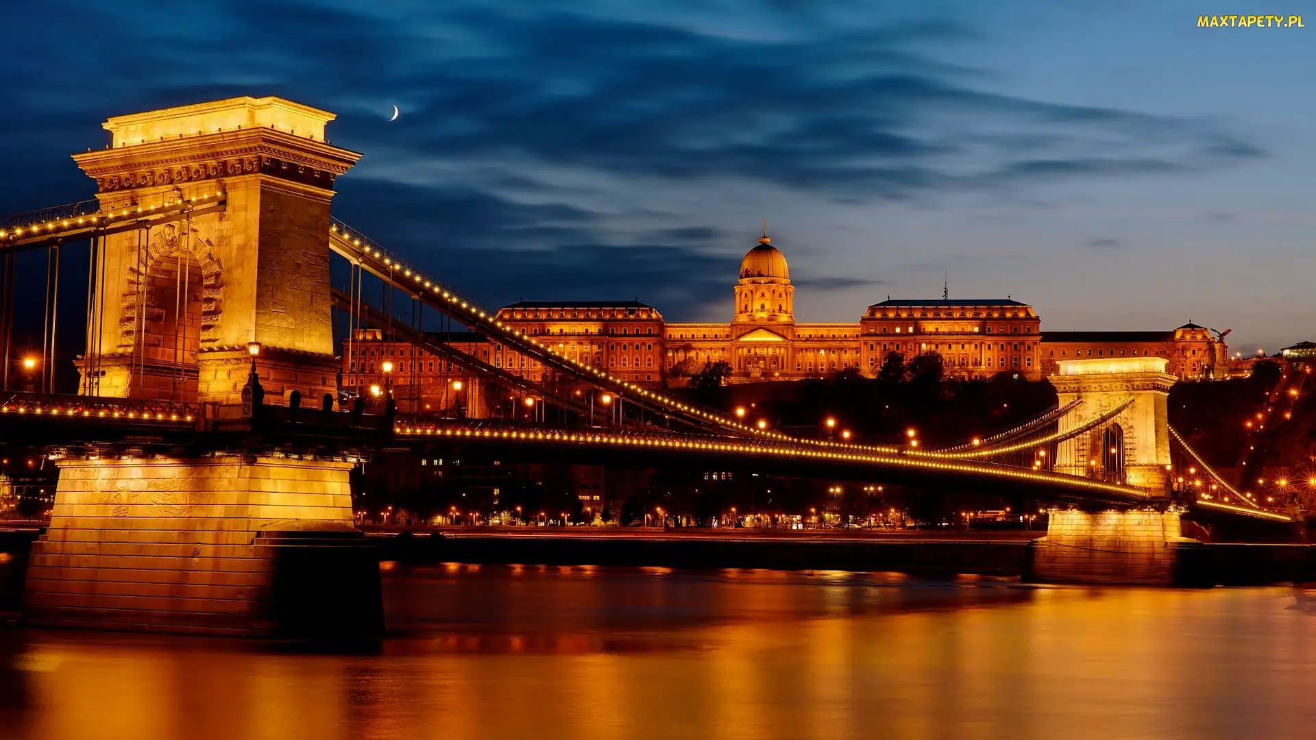Noc, Parlament, Budapeszt, Światła, Most Łańcuchowy, Węgry, Rzeka Dunaj