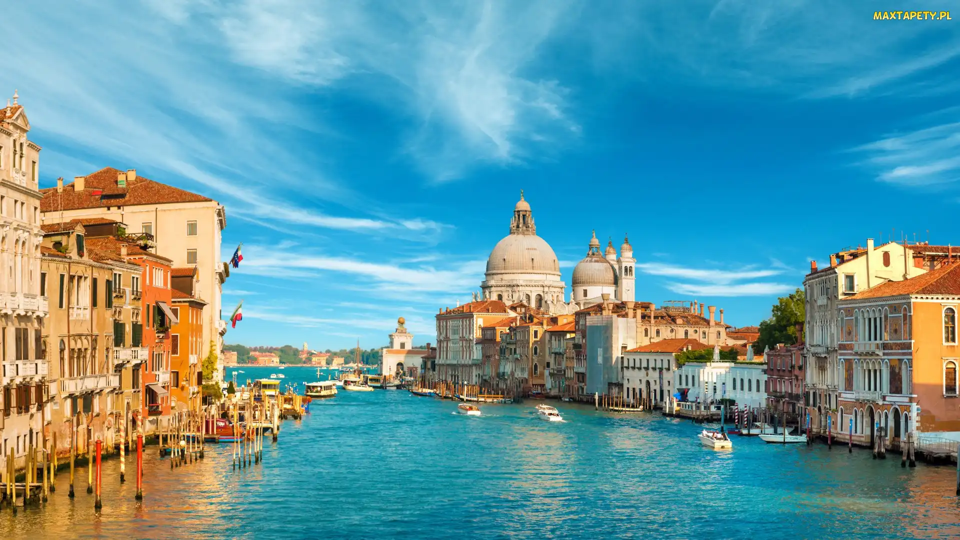 Wenecja, Niebo, Bazylika, Włochy, Santa Maria della Salute, Kościół, Canal Grande, Łodzie, Domy