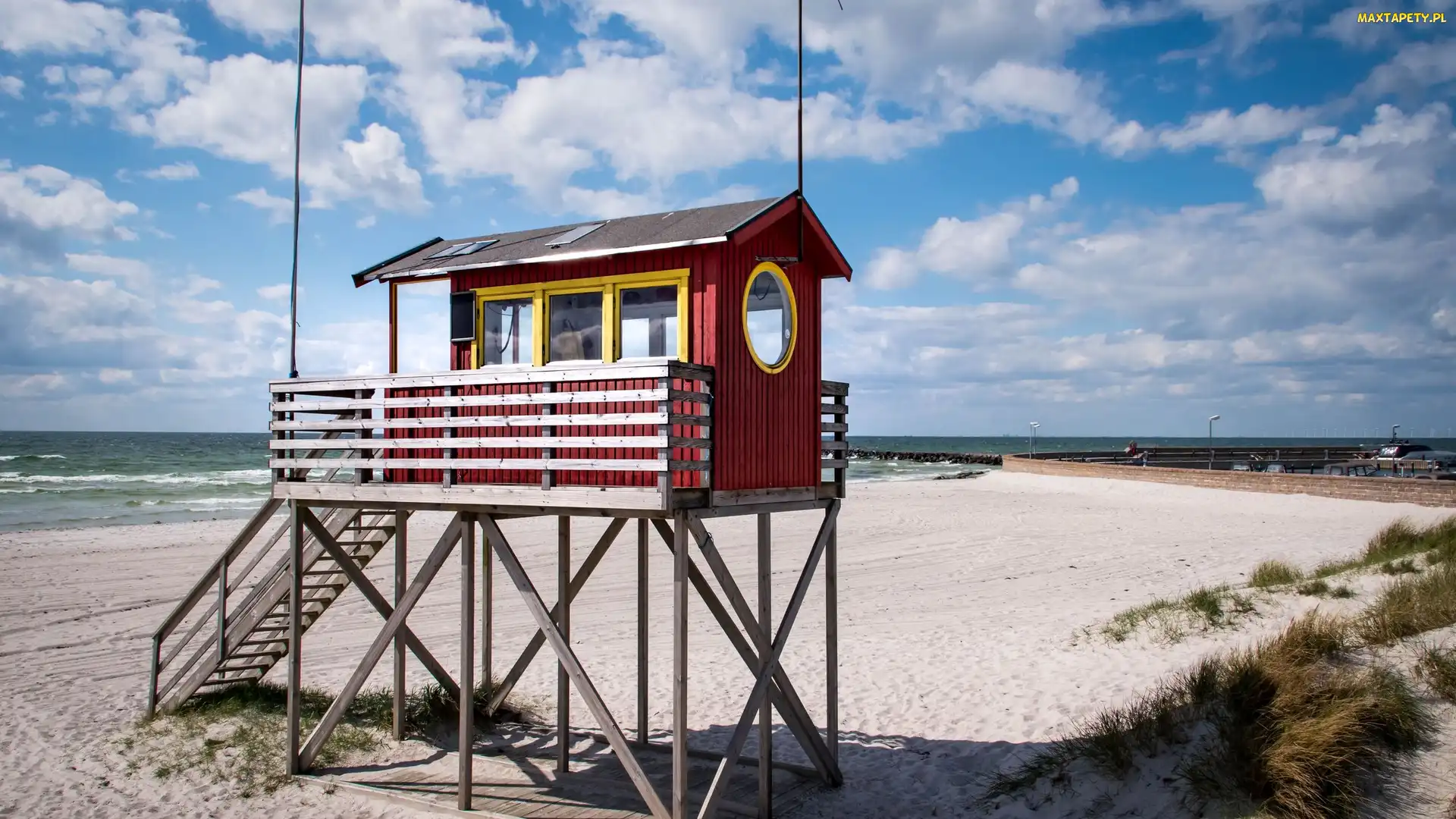 Plaża, Chmury, Morze, Piasek, Wieża ratownicza