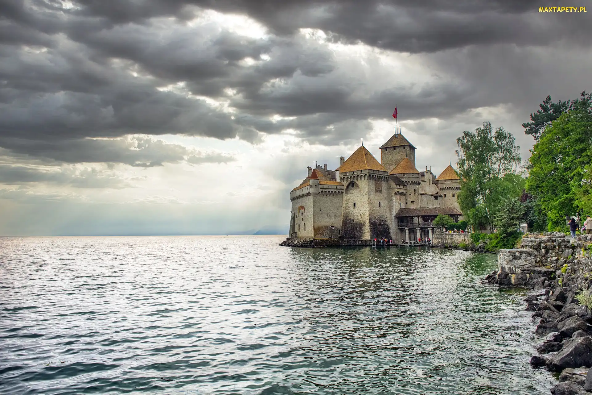 Jezioro Genewskie, Chateau Chillon, Zamek, Szwajcaria, Chmury, Ciemne, Kanton Vaud, Skała