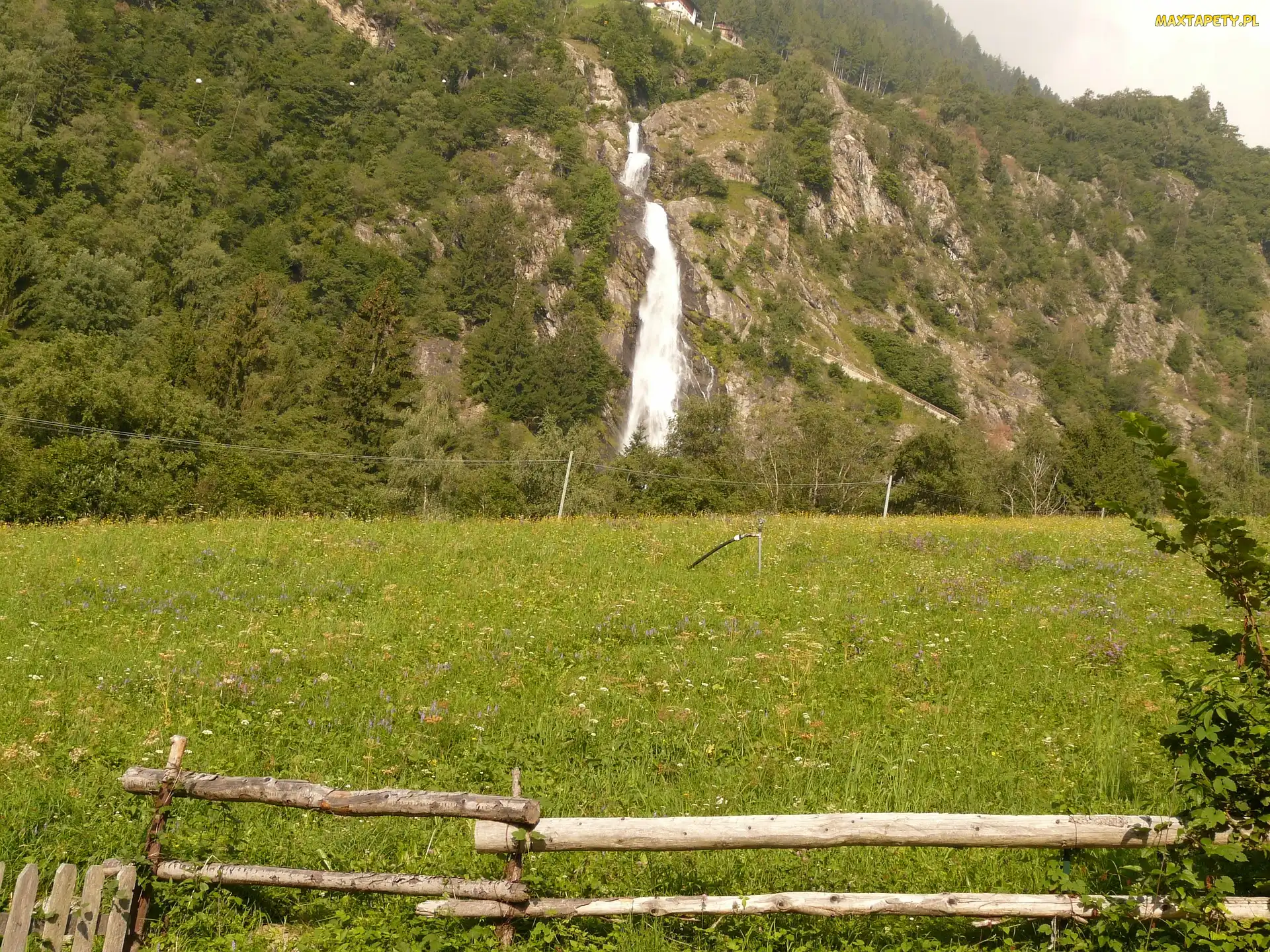 Ogrodzenie, Łąka, Włochy, Wodospad, Partschins Wasserfall, Południowy Tyrol, Góry
