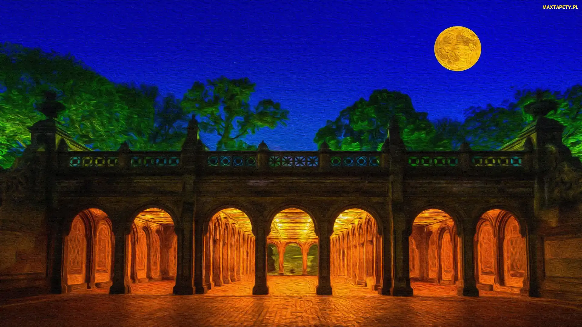 Grafika, Nowy Jork, Księżyc, Stany Zjednoczone, Central Park, Drzewa, Taras, Bethesda Terrace, Noc