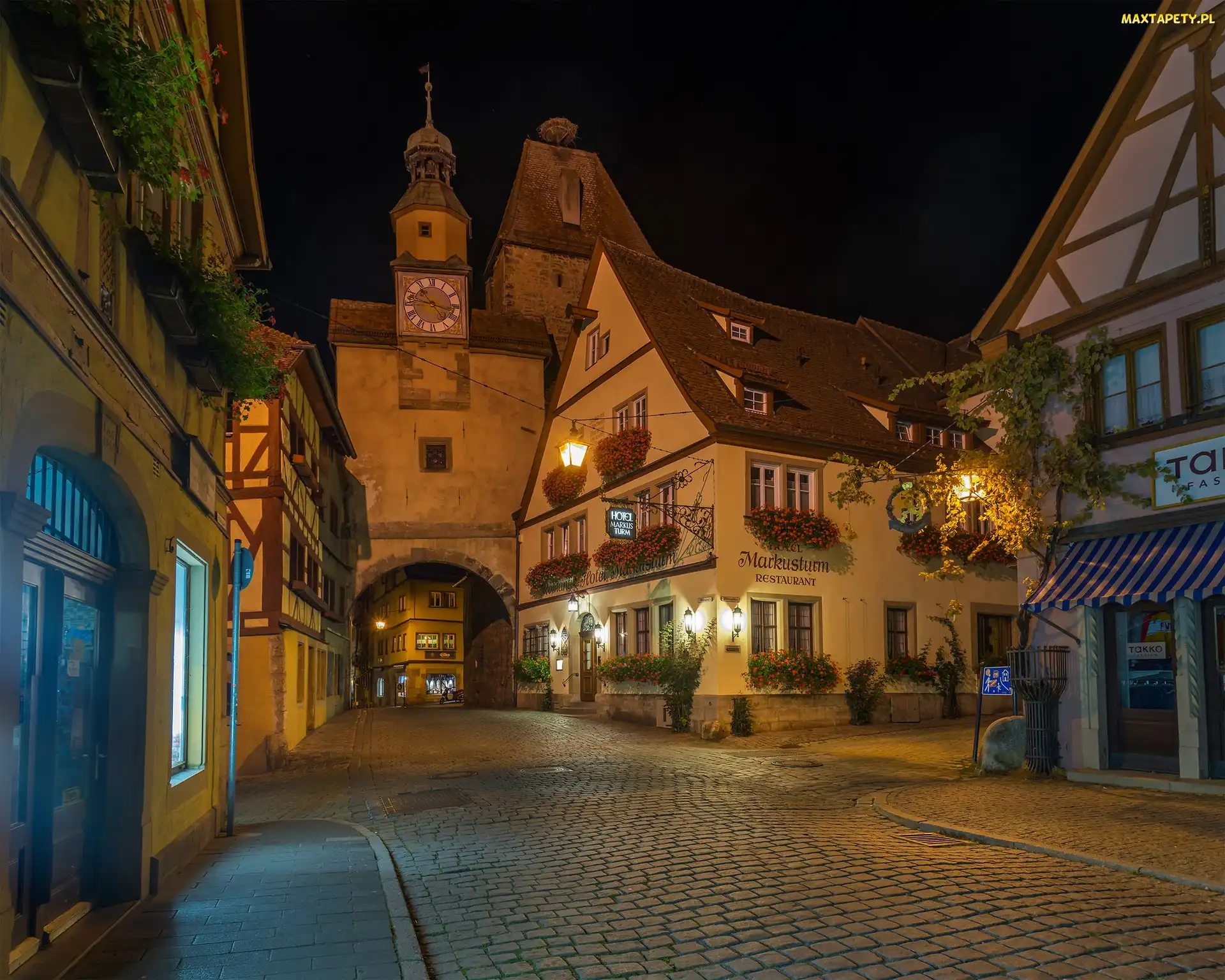 Rothenburg ob der Tauber, Ulica, Miasto, Noc, Bawaria, Domy, Niemcy, Latarnie