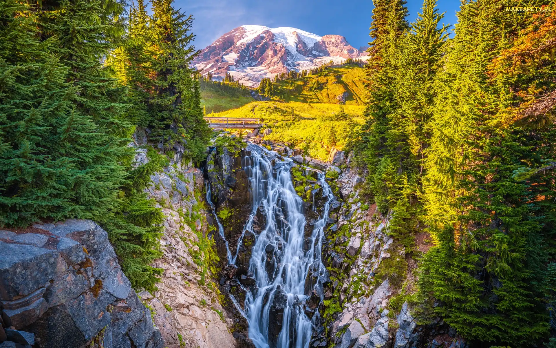 Góry, Myrtle Falls, Park Narodowy Mount Rainier, Wodospad, Stan Waszyngton, Stratowulkan Mount Rainier, Stany Zjednoczone, Drzewa