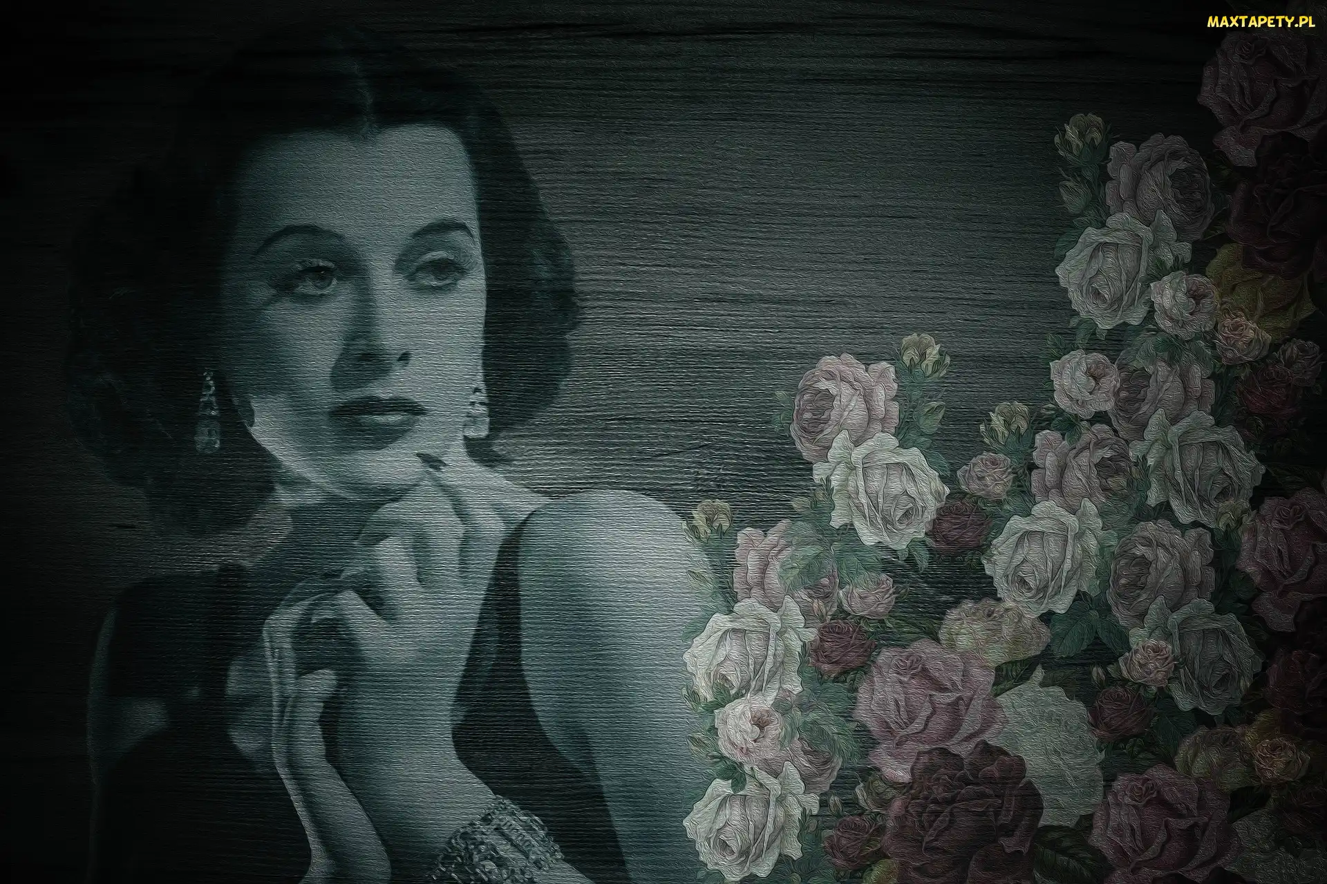 Aktorka, Róże, Kobieta, Kwiaty, Grafika, Hedy Lamarr, 2D, Drewno