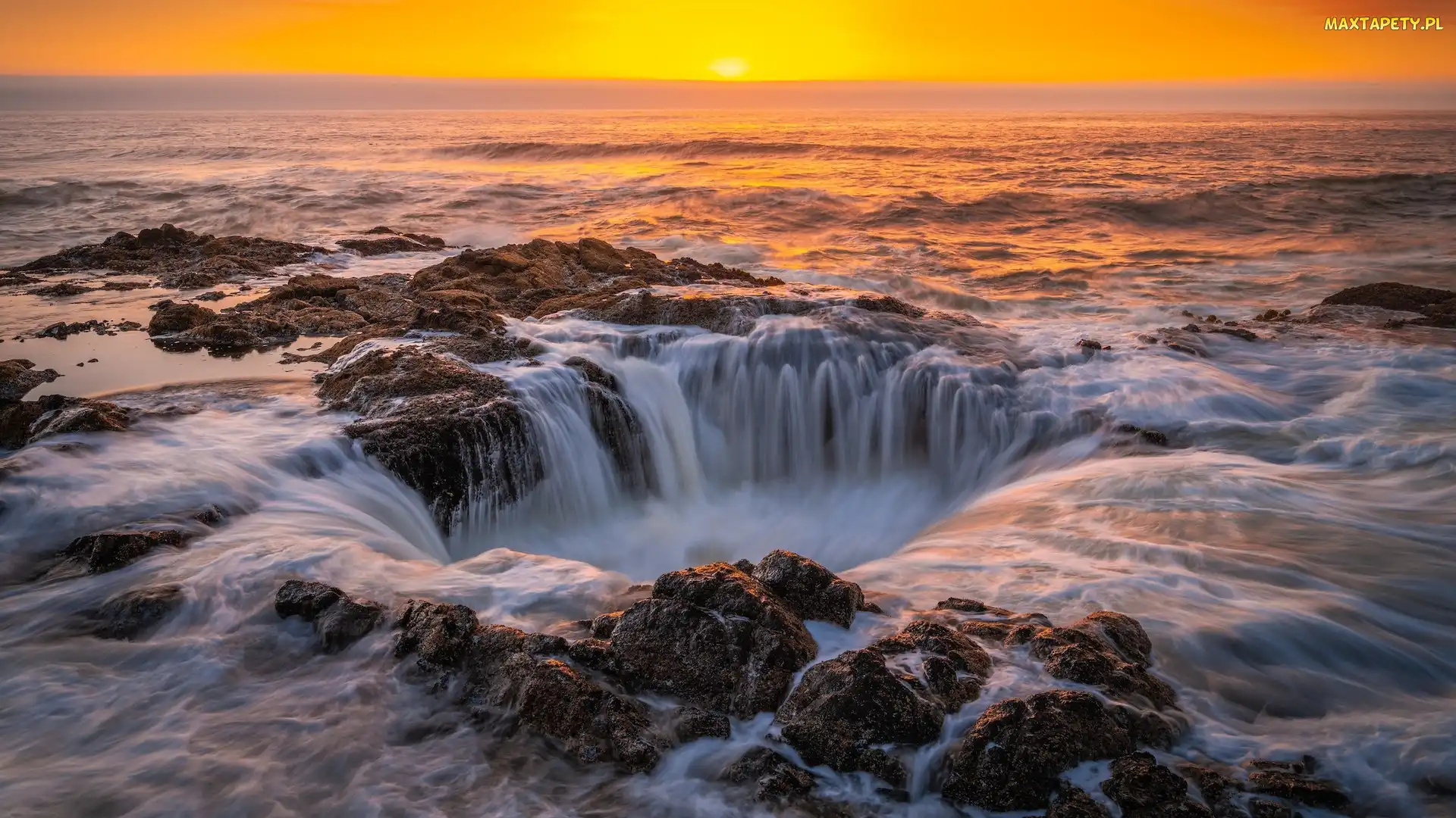 Morze, Wybrzeże, Zachód słońca, Thors Well, Stan Oregon, Skały, Stany Zjednoczone, Cape Perpetua