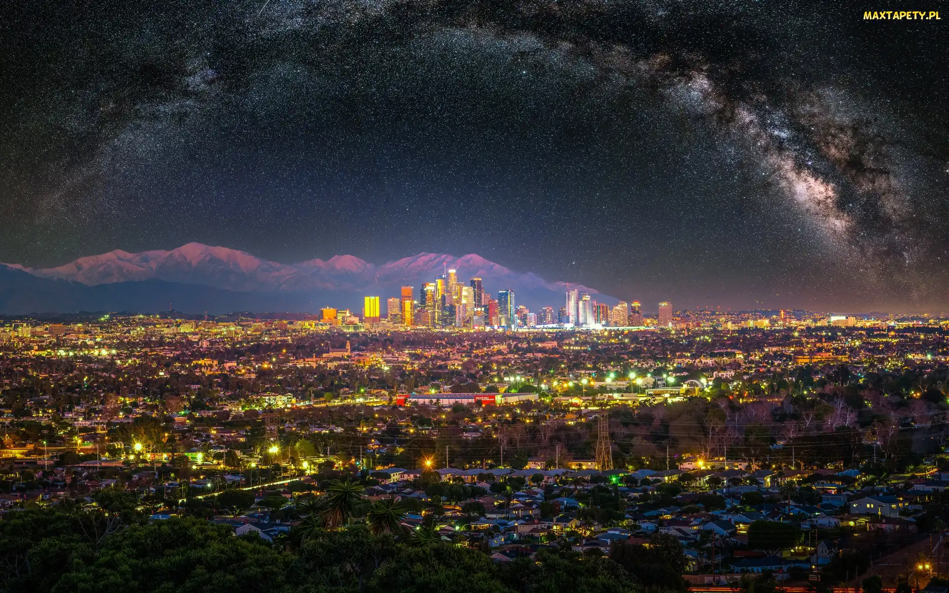 Kalifornia, Gwiazdy, Droga Mleczna, Stany Zjednoczone, Los Angeles, Domy, Światła, Miasto, Góry San Gabriel, Drzewa, Wieżowce, Noc