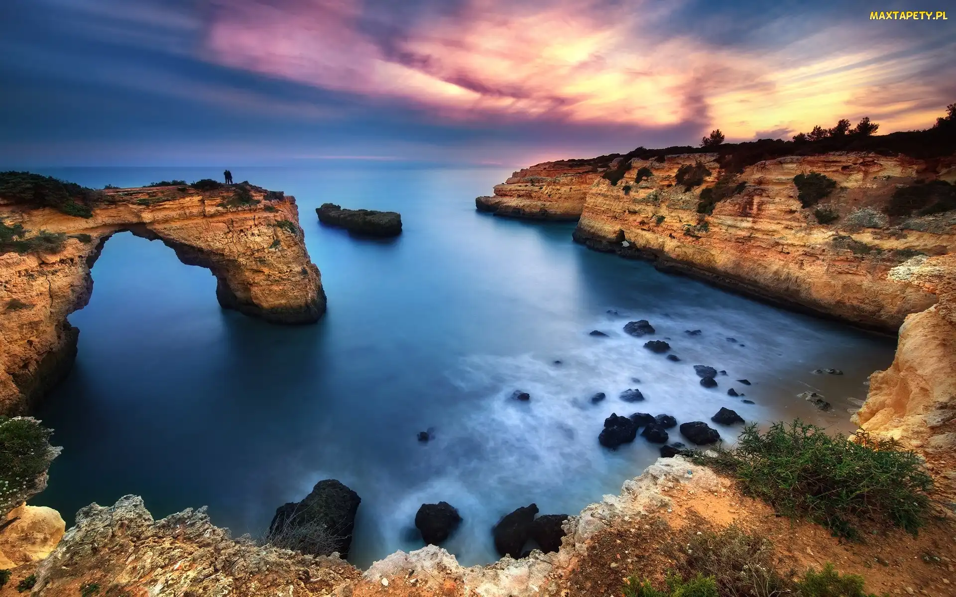 Region Algarve, Wschód słońca, Skały, Morze, Portugalia