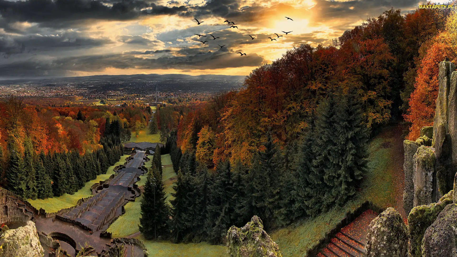 Miasto Kassel, Niemcy, Zachód słońca, Pomnik Herkulesa, Drzewa, Niebo, Park Wilhelmshohe