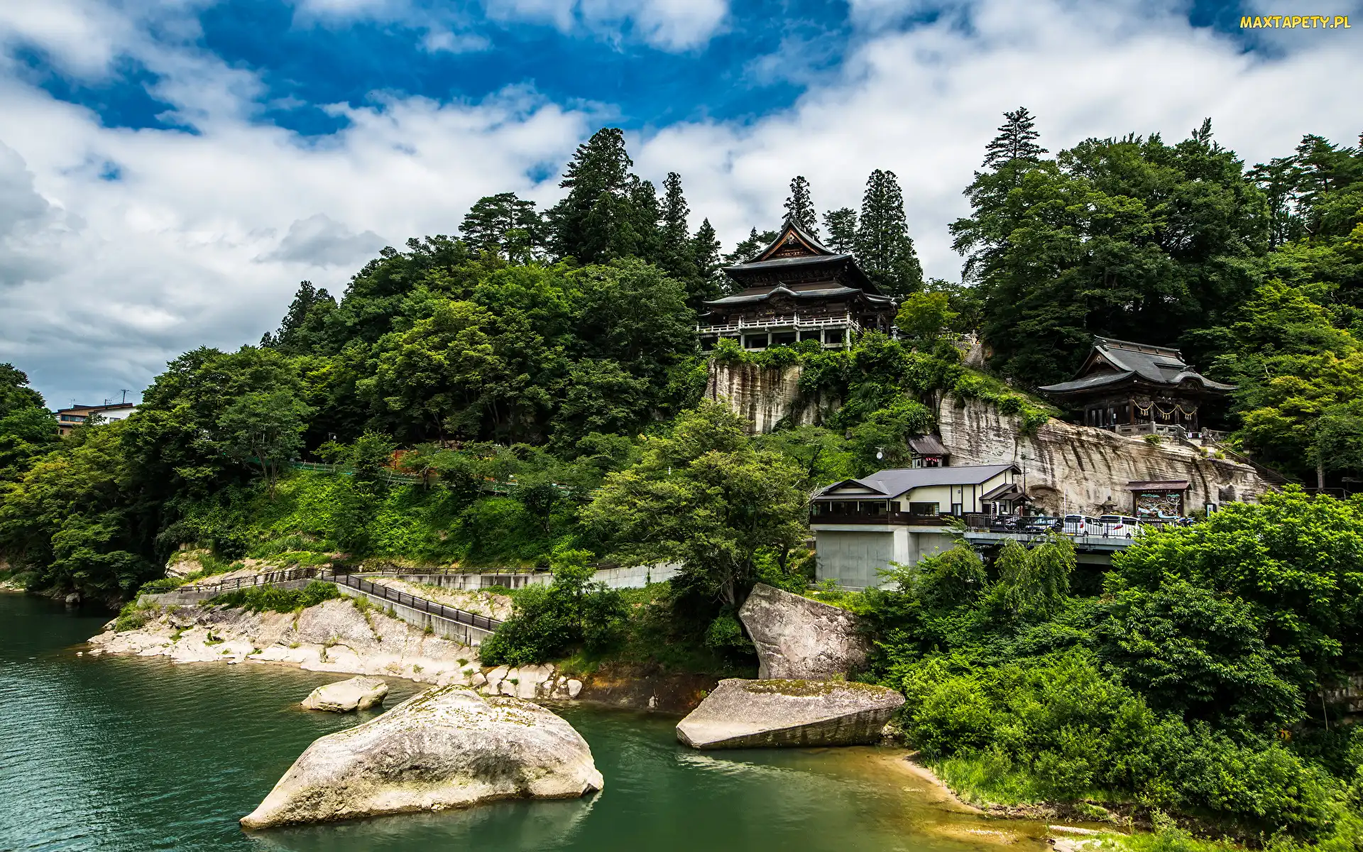 Chmury, Kamienie, Świątynia, Japonia, Tohoku, Drzewa