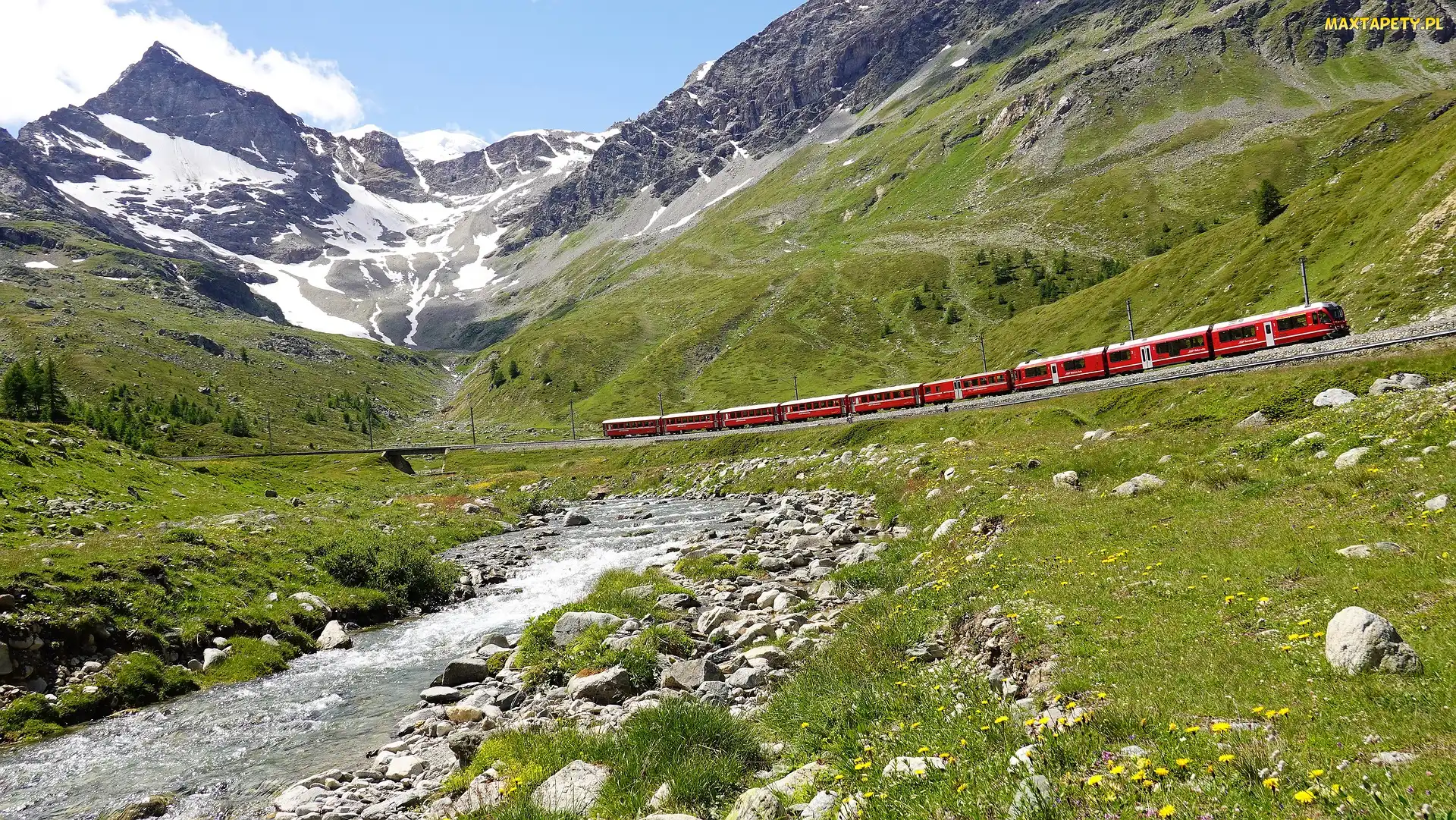 Bernina Express, Rzeka, Pociąg, Alpy Engadyńskie, Kanton Gryzonia, Góry, Szwajcaria, Dolina