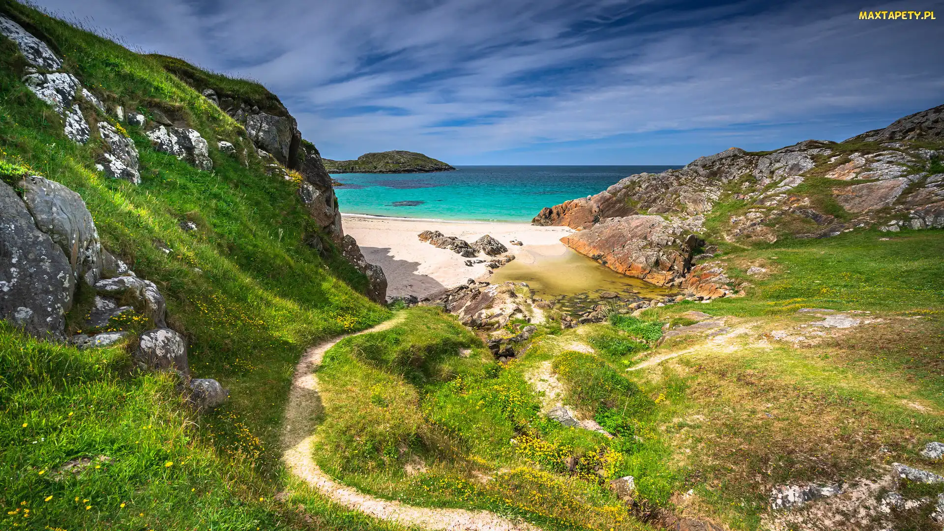 Achmelvich Beach, Ścieżka, Morze, Skały, Żółte, Szkocja, Zatoka, Kwiaty, Plaża, Achmelvich Bay, Góry