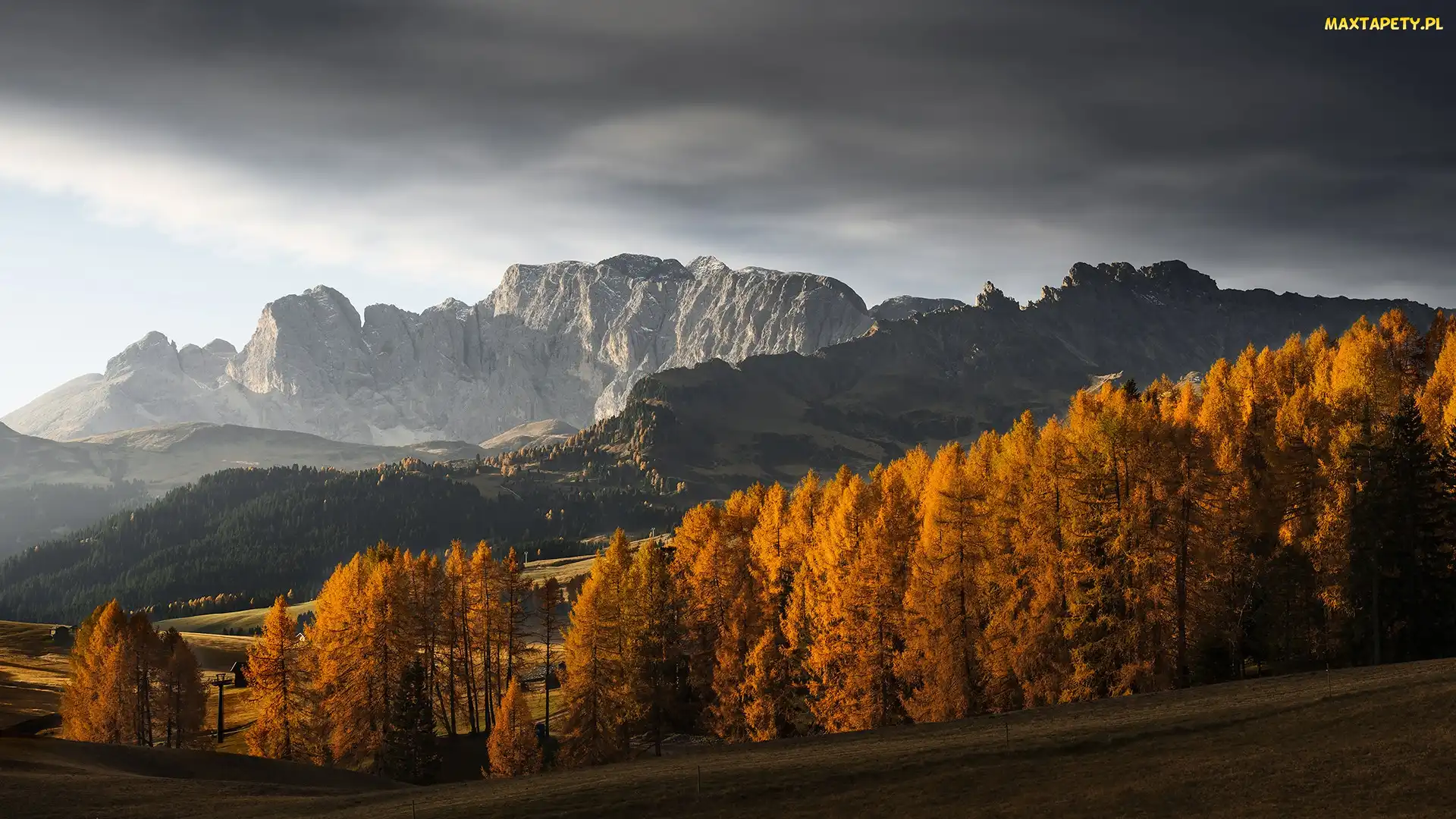 Jesień, Drzewa, Góry, Chmury, Las, Włochy, Dolomity