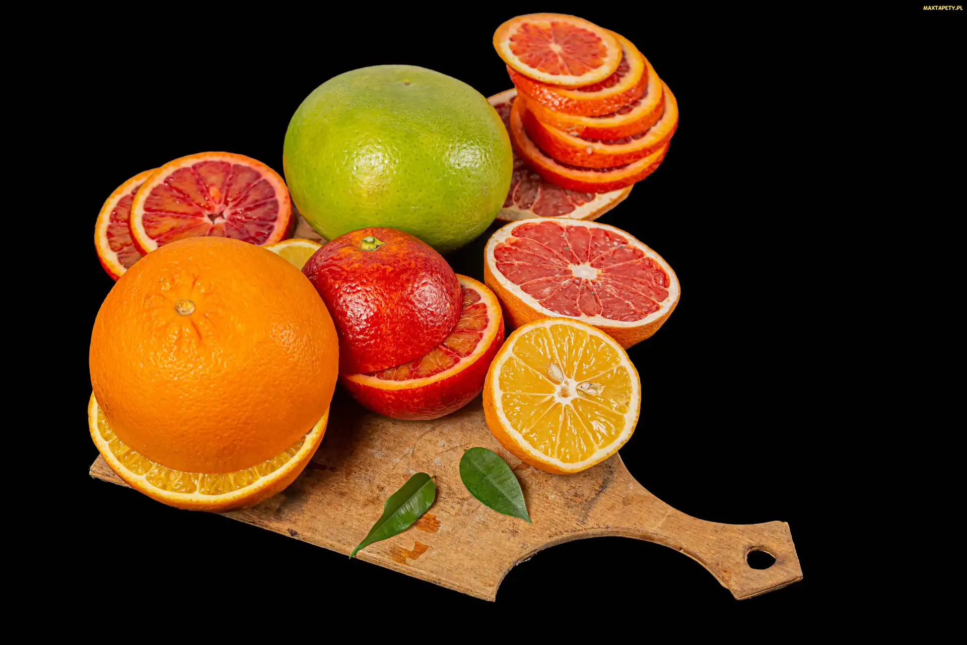 Owoce, Czarne, Listki, Tło, Deska, Cytryna, Cytrusy, Grejpfruty, Pomarańcza