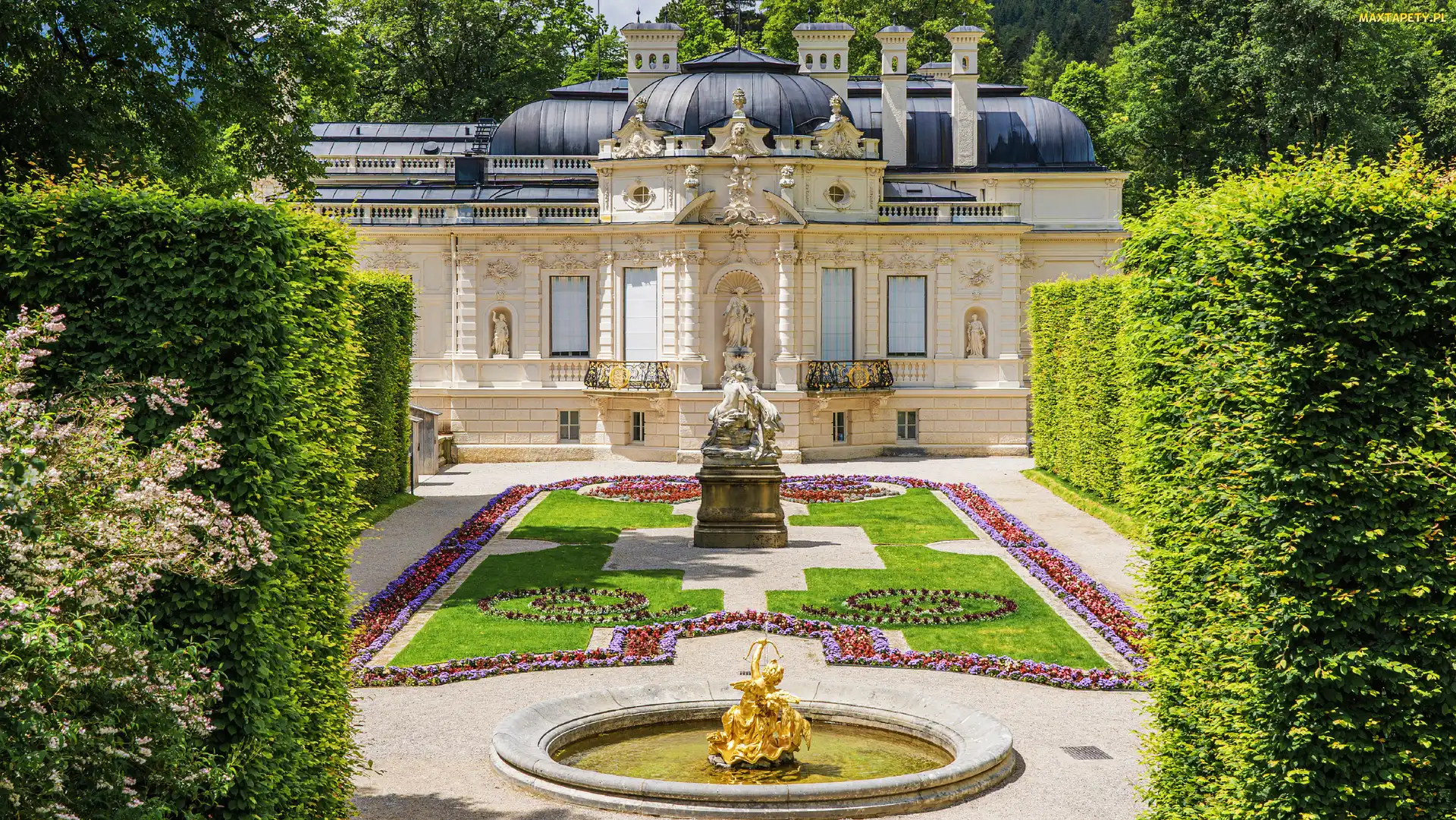 Pałac Linderhof, Bawaria, Niemcy, Ogród, Fontanna, Park, Alejki, Ettal