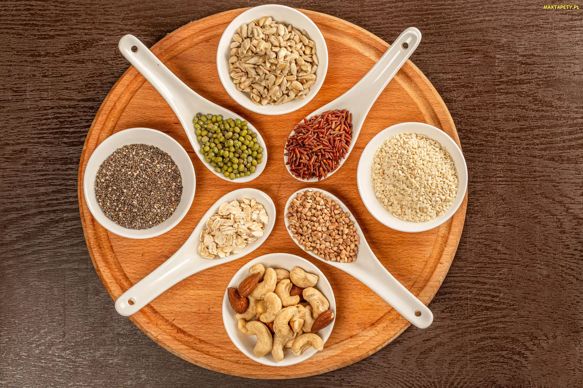 Łyżki, Deska, Kasza, Produkty, Orzechy, Okrągła