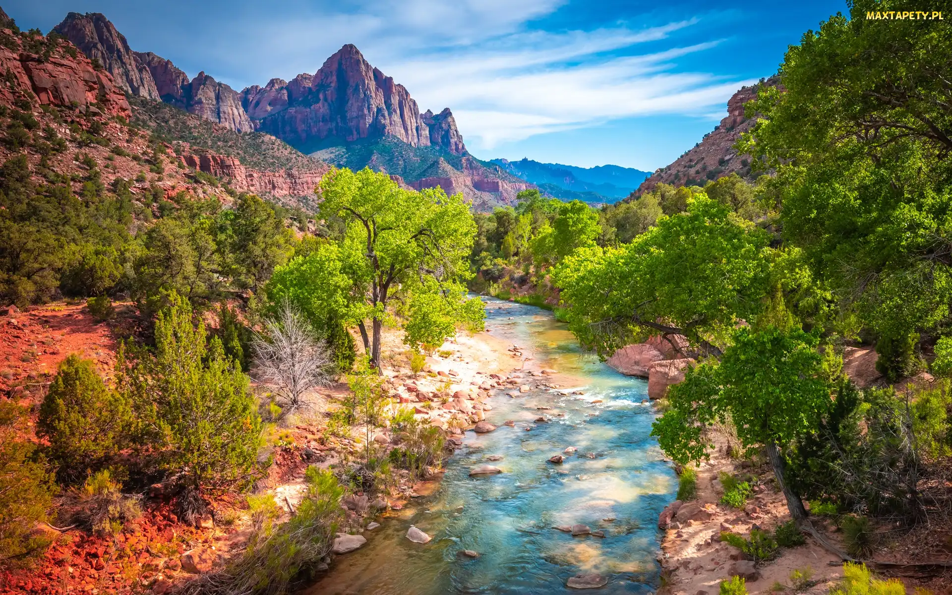 Park Narodowy Zion, Stan Utah, Kamienie, Stany Zjednoczone, Chmury, Rzeka Virgin River, Góry, Góra Watchman, Drzewa