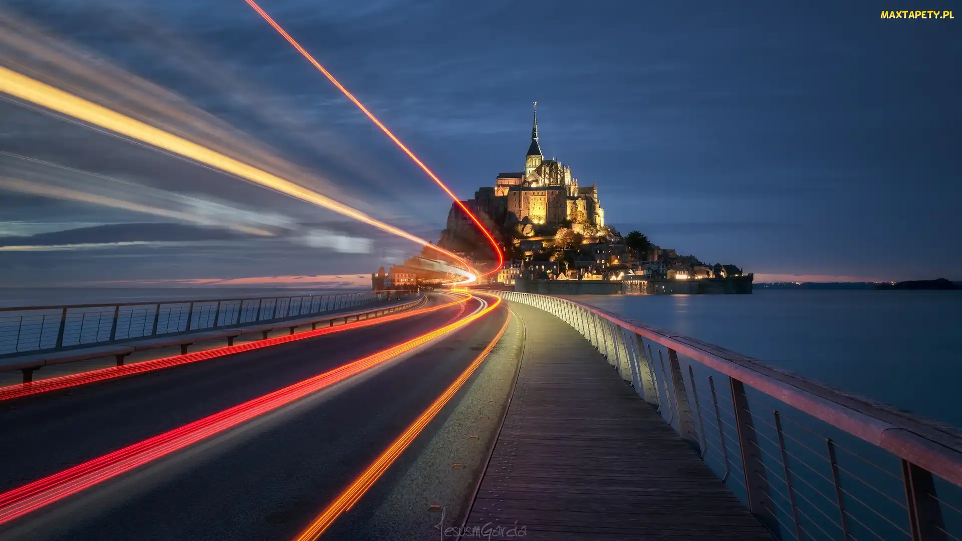 Normandia, Światła, Klasztor, Francja, Most, Opactwo św Archanioła, Mont Saint Michel