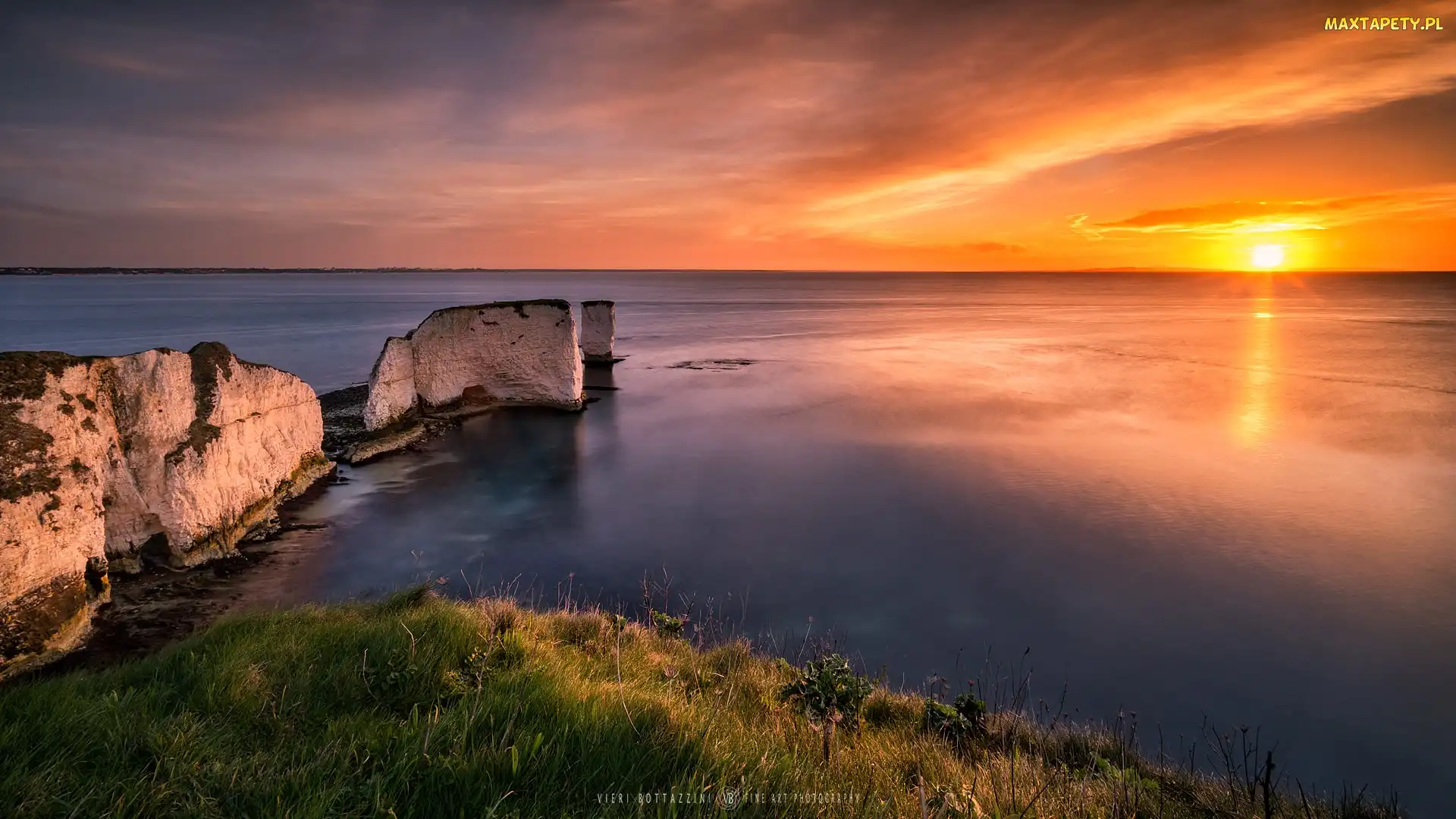 Półwysep Purbeck, Wybrzeże, Morze, Anglia, Old Harry Rocks, Zachód słońca, Skały