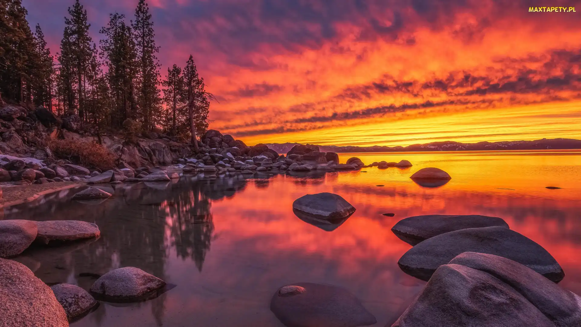 Jezioro, Kalifornia, Niebo, Stany Zjednoczone, Zachód słońca, Kolorowe, Lake Tahoe, Skały, Kamienie