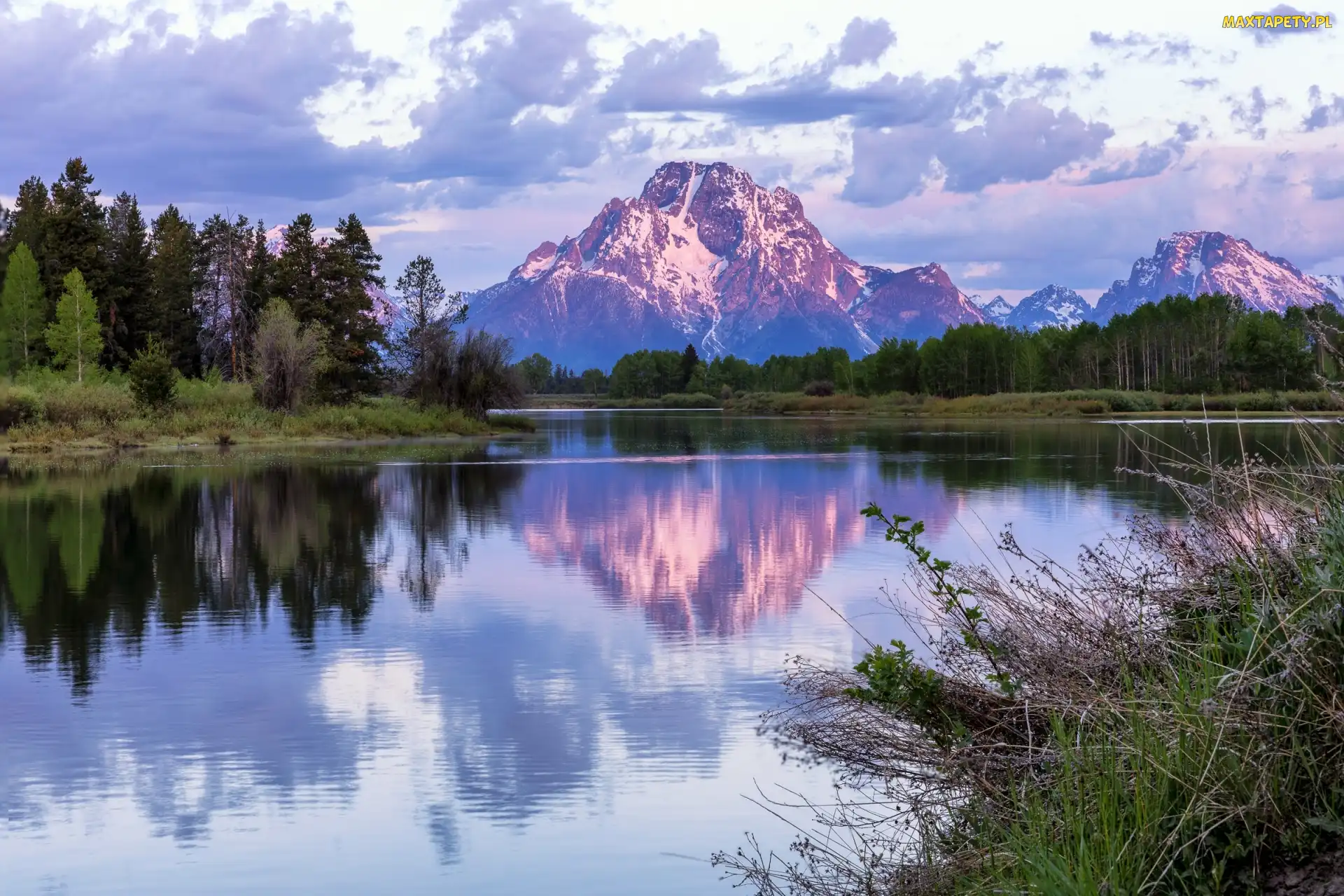 Góry Teton Range, Drzewa, Park Narodowy Grand Teton, Snake River, Stan Wyoming, Rzeka, Stany Zjednoczone, Chmury