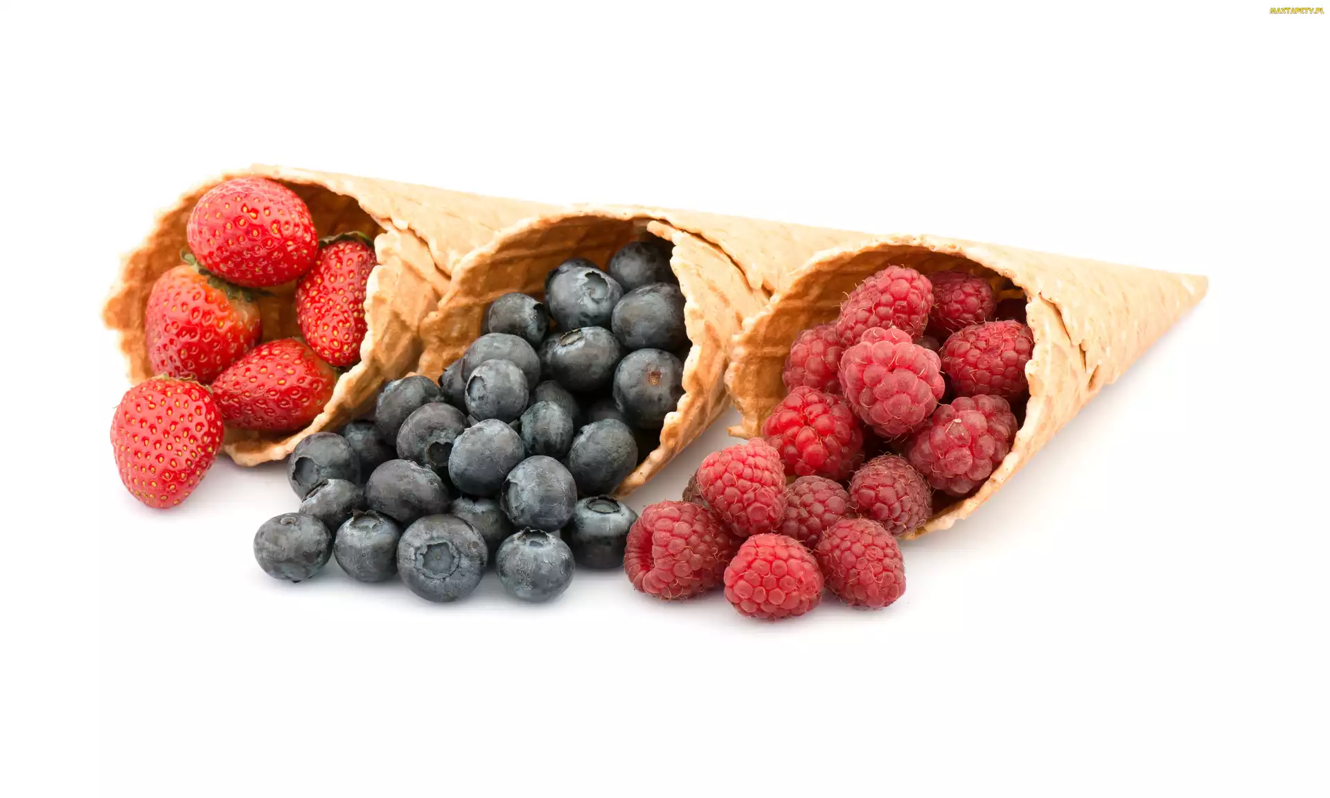 Truskawki, Wafle, Owoce, Borówka, Białe, Maliny, Tło, Rożki