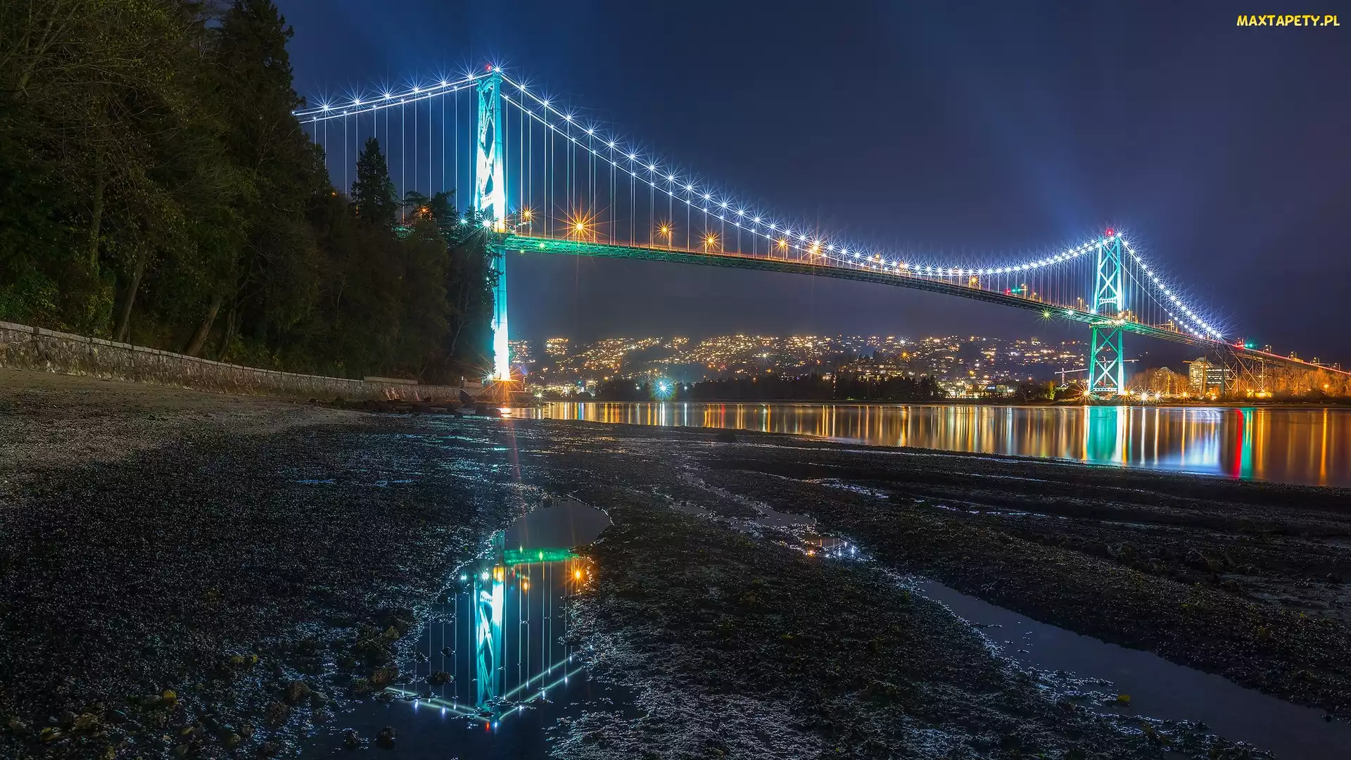 Kanada, Światła, Domy, Zatoka Burrard Inlet, Noc, Lions Gate Bridge, Vancouver, Oświetlony, Most