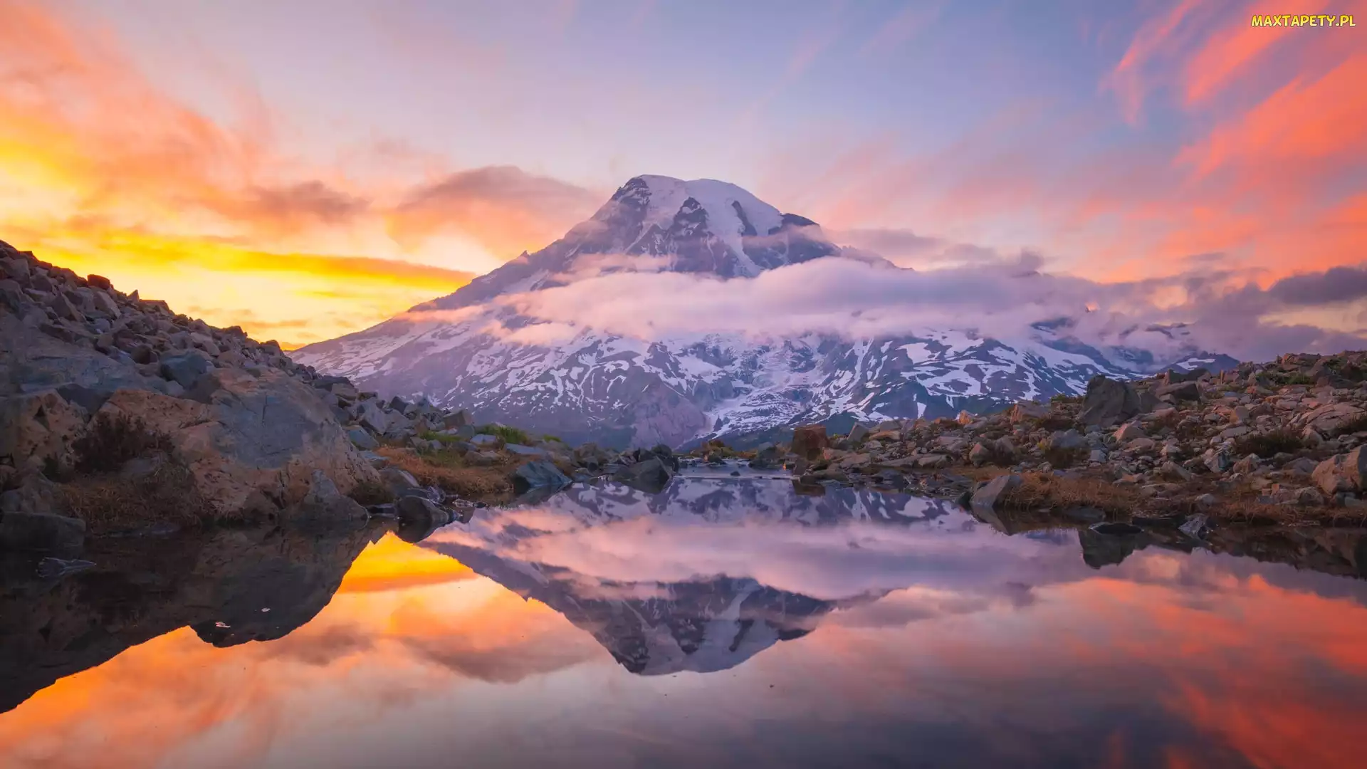 Góra, Stan Waszyngton, Park Narodowy Mount Rainier, Stany Zjednoczone, Odbicie, Kamienie, Stratowulkan Mount Rainier, Jezioro, Reflection Lake