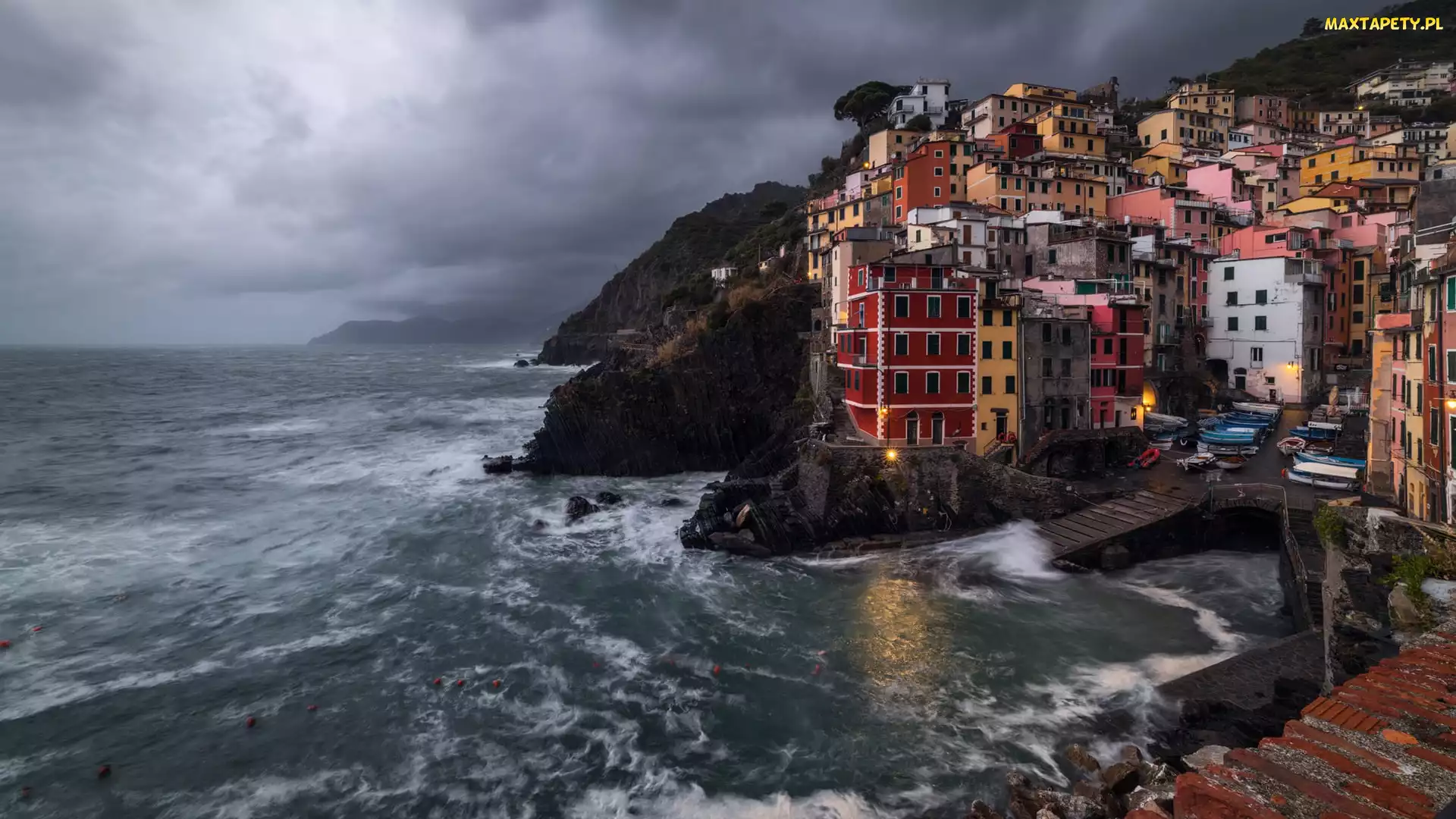 Cinque Terre, Domy, Włochy, Kolorowe, Skały, Riomaggiore, Zatoka, Morze