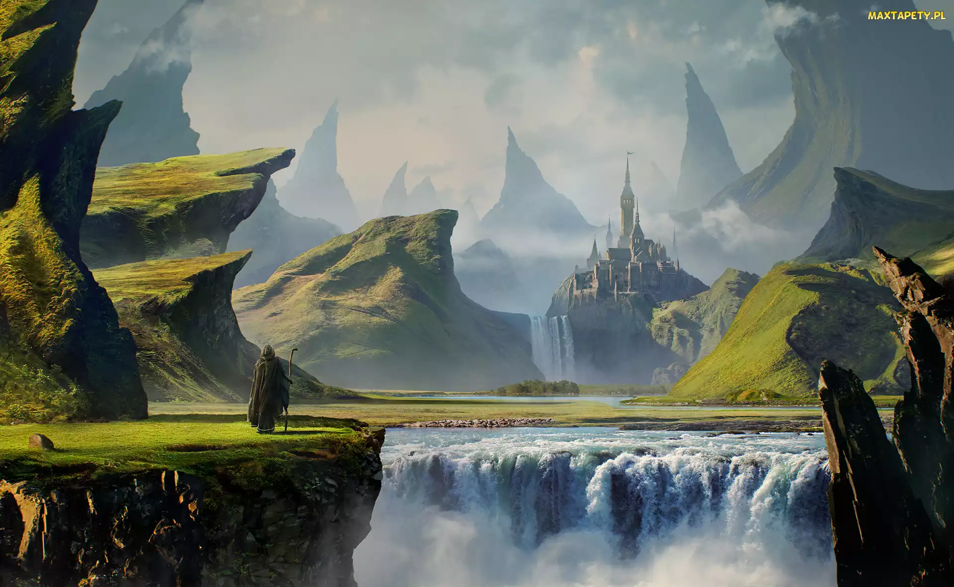 Skały, Mgła, Fantasy, Zamek, Niebo, Zieleń Wędrowiec na tle zamku na skałach, Góry, Chmury, Wędrowiec, Rzeka, Wodospad