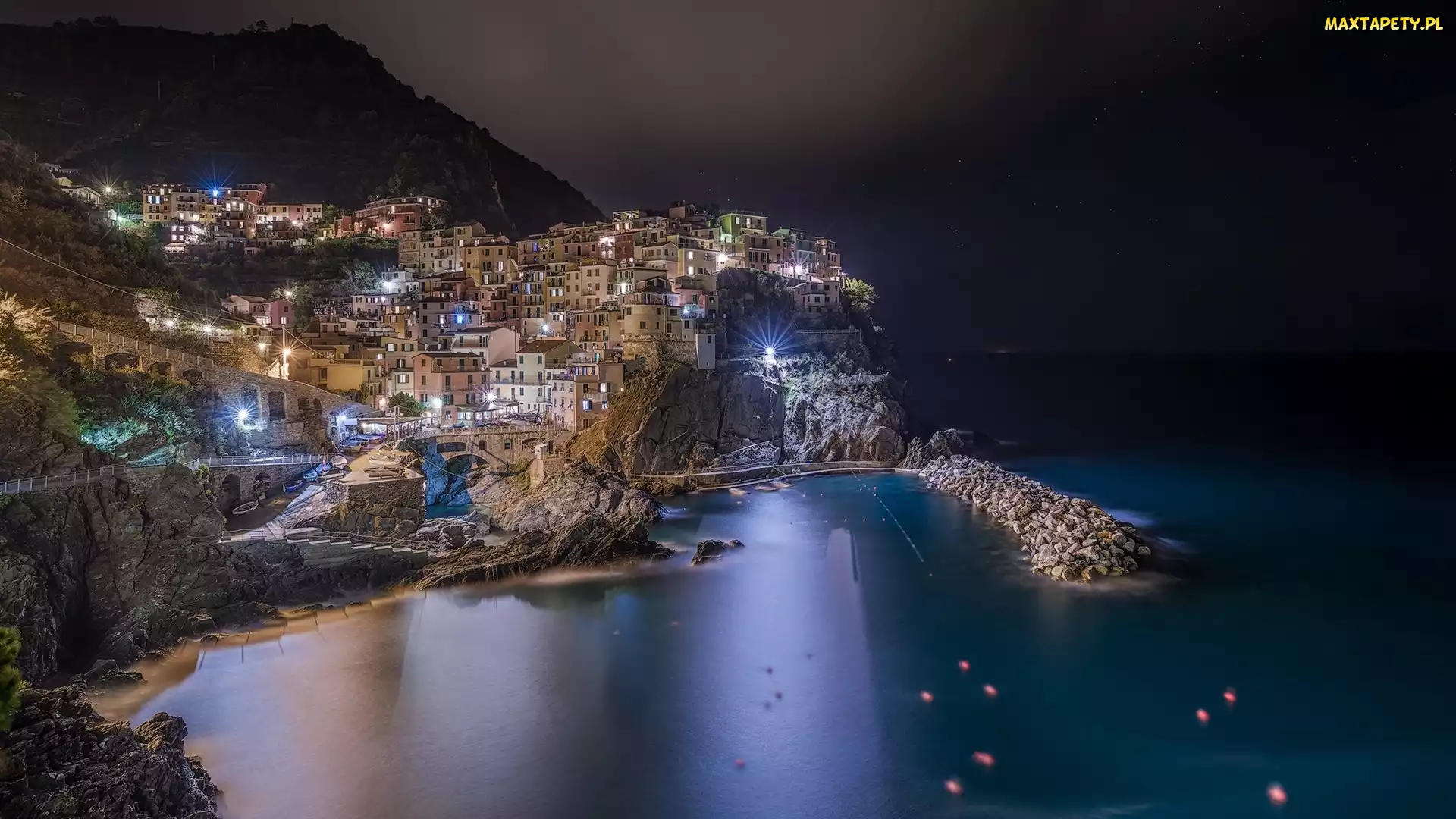 Oświetlone, Domy, Manarola, Włochy, Noc, Morze