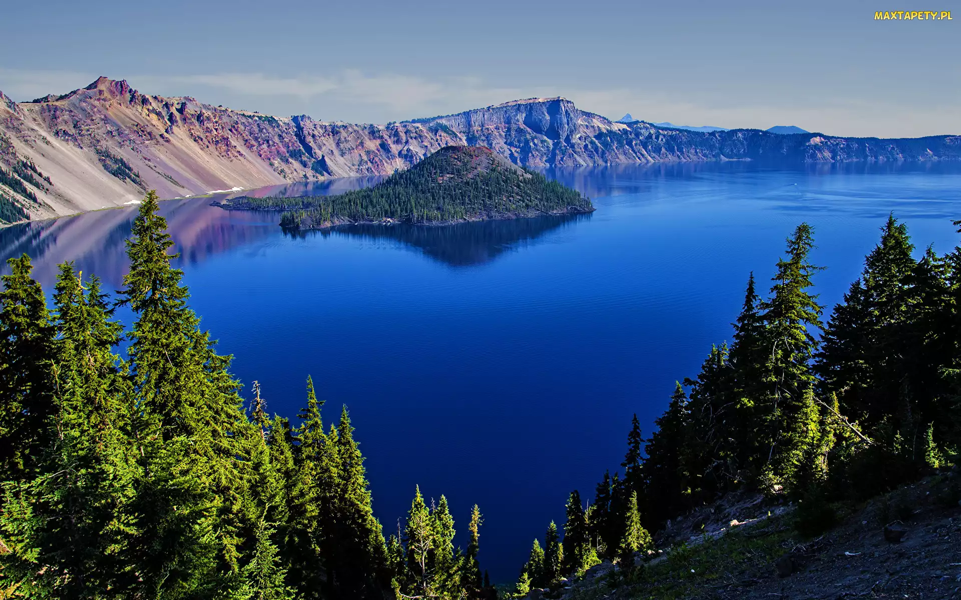 Oregon, Park Narodowy Jeziora Kraterowego, Wyspa Czarodzieja, Stany Zjednoczone, Drzewa, Jezioro Kraterowe, Góry