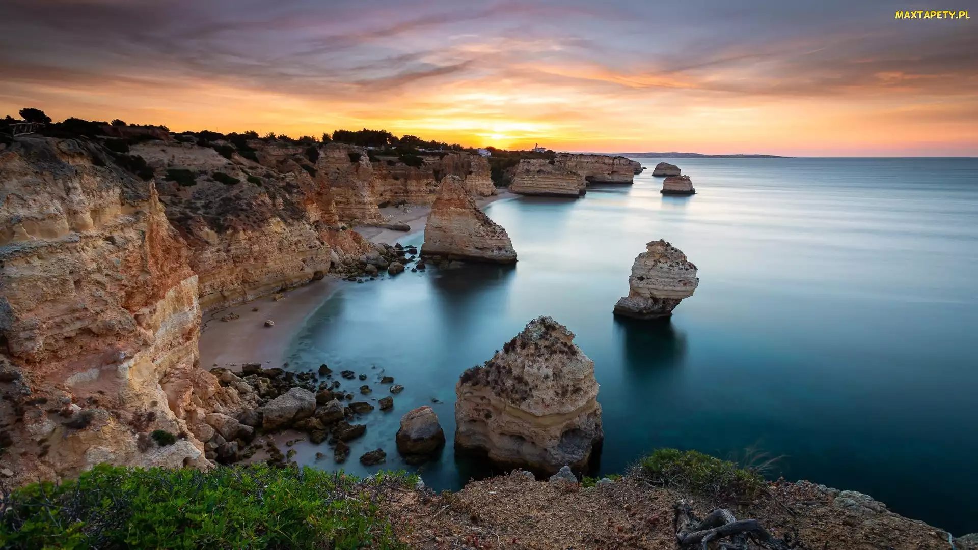 Region Algarve, Ocean Atlantycki, Skały, Portugalia, Zachód słońca, Wybrzeże, Morze