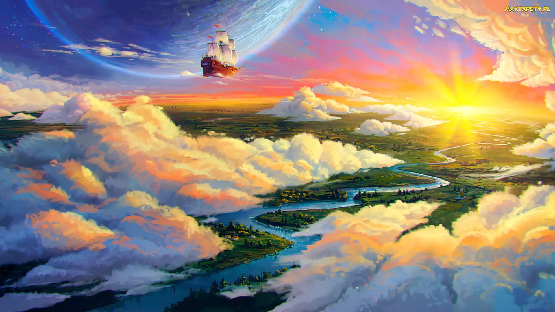 Statek, Rzeka, Chmury, Fantasy, Niebo, Słońce