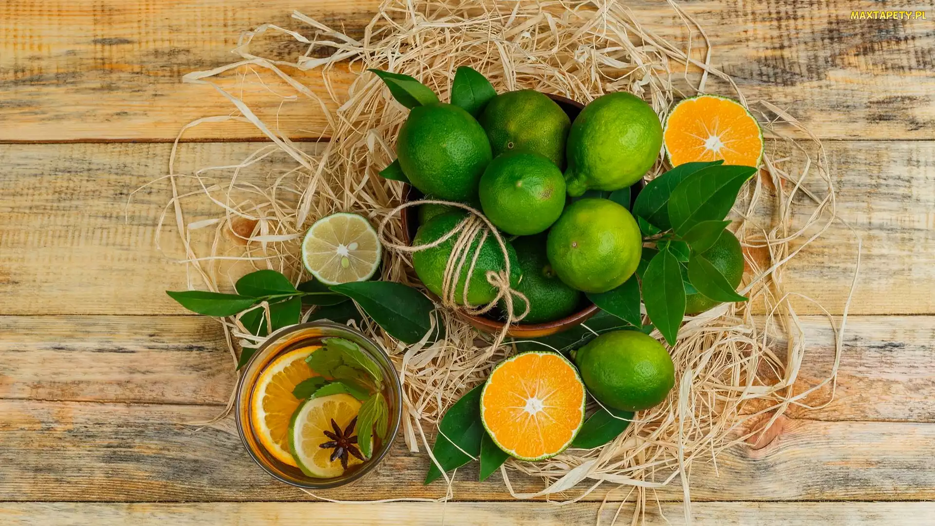 Deski, Szklanka, Miska, Pomarańcze, Limonki, Lemoniada