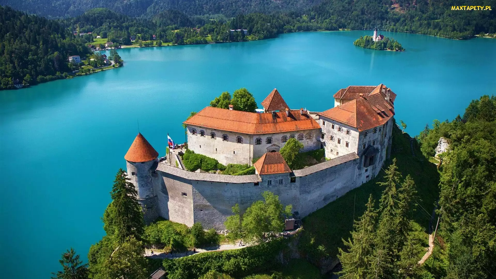 Jezioro Bled, Drzewa, Wyspa Blejski Otok, Zamek Bled, Słowenia