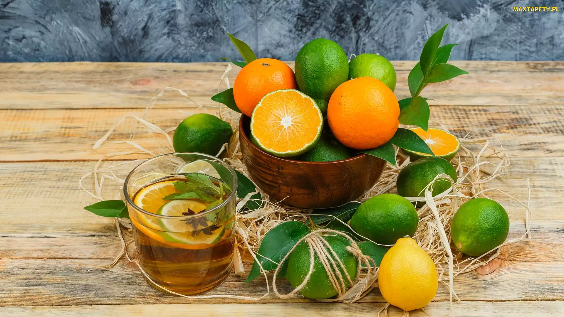 Deski, Szklanka, Miska, Owoce, Lemoniada, Pomarańcze, Limonki