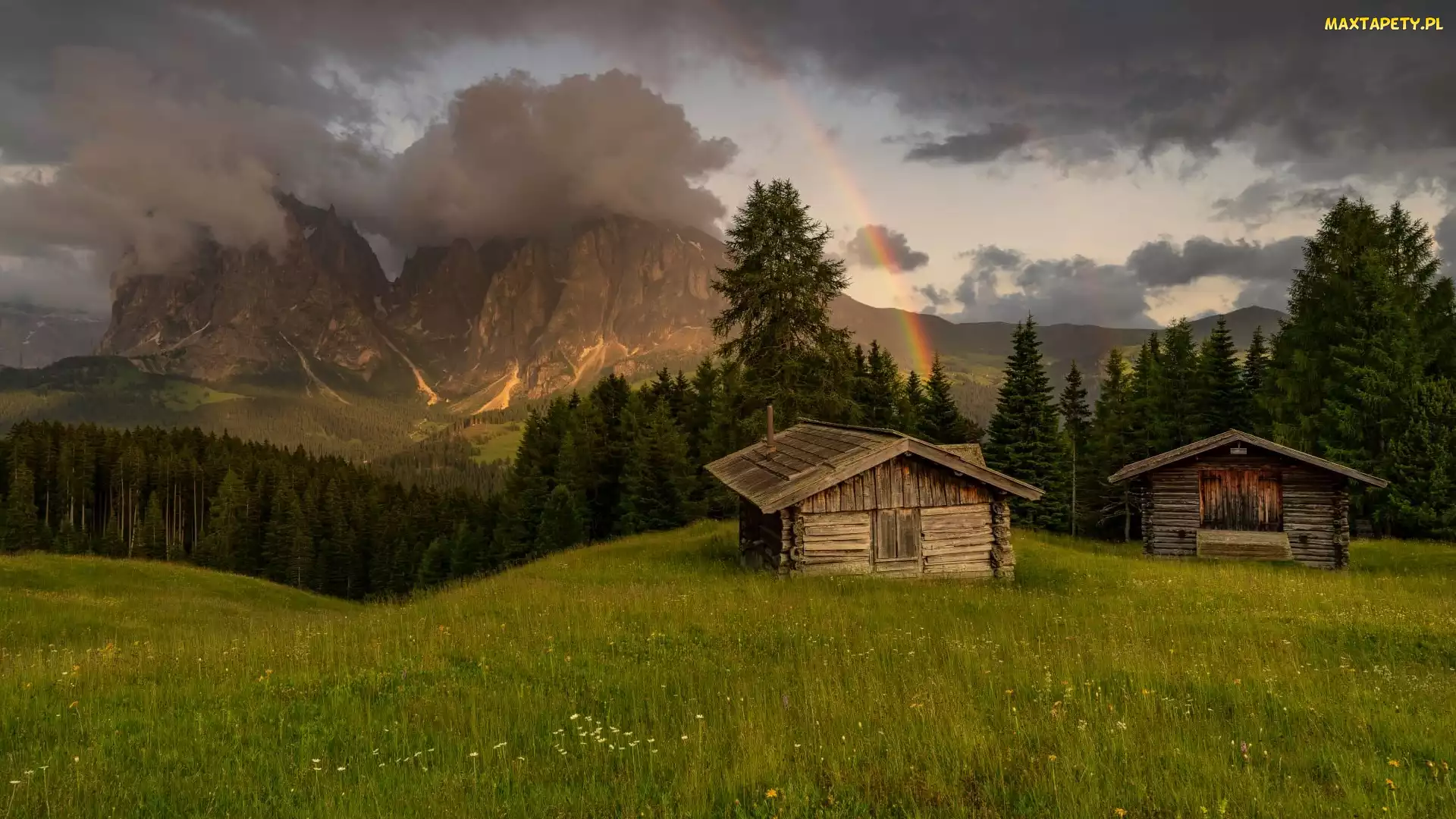 Góra Peitlerkofel, Szopa, Góry, Drzewa, Południowy Tyrol, Dolomity, Włochy, Tęcza Chmury