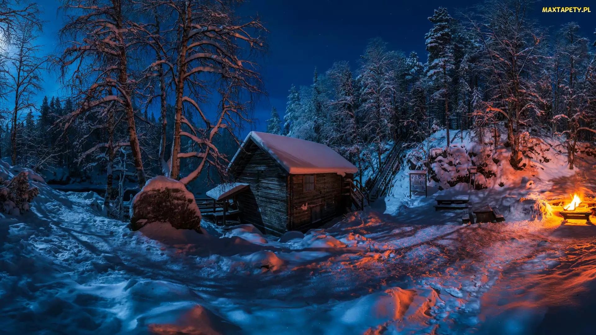 Park Narodowy Oulanka, Drewniany, Zima, Noc, Młyn Myllykoski, Finlandia, Las, Laponia, Ognisko, Śnieg, Drzewa